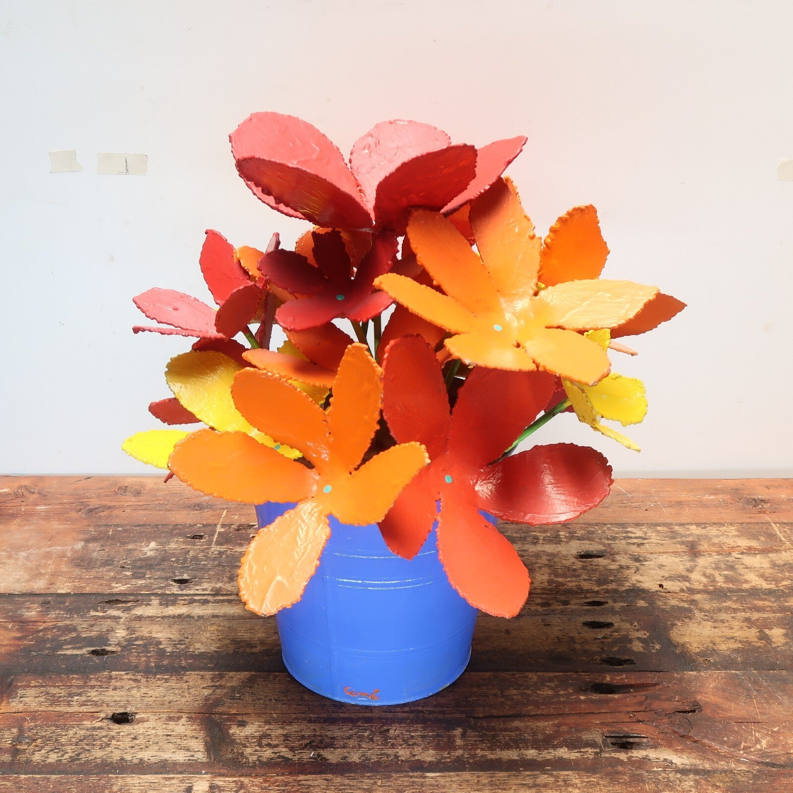 Colorful Iron Flowers In Blue Metal Bucket Garden Yard Sculpture Signed