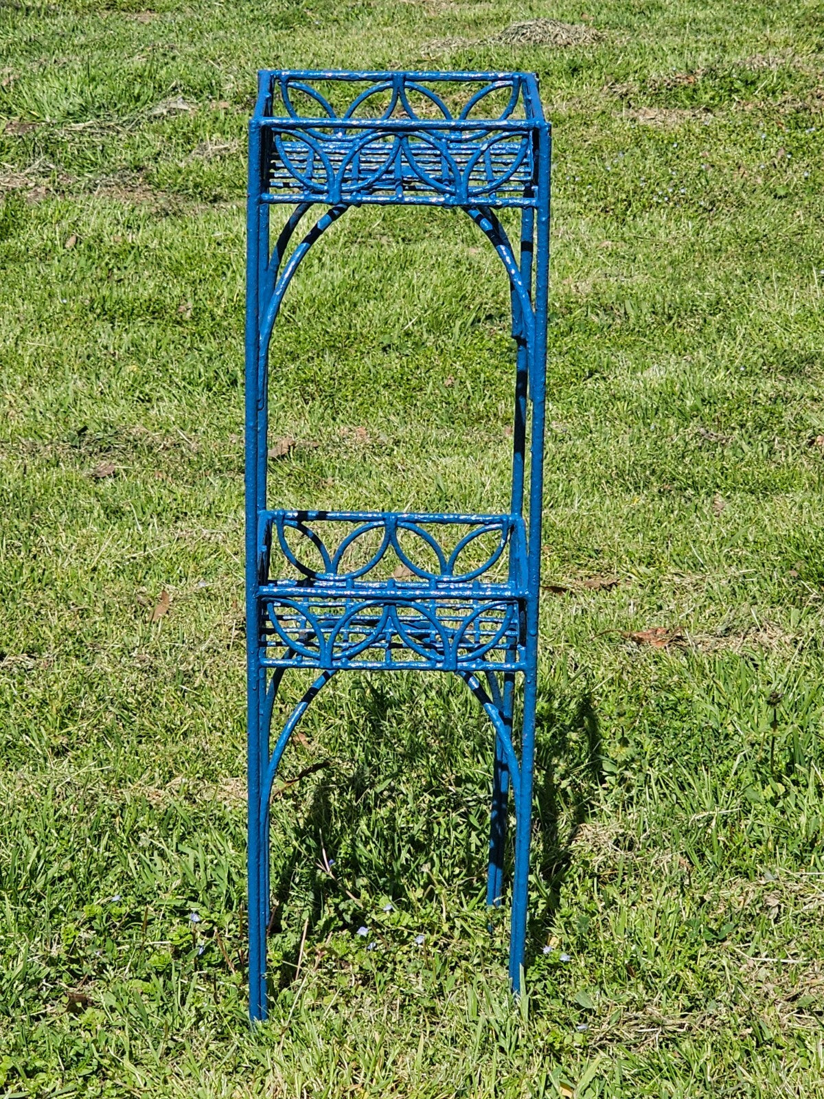 Mid-Century Blue Metal 2-Tier Plant Stand 8" x 8" x 28"H