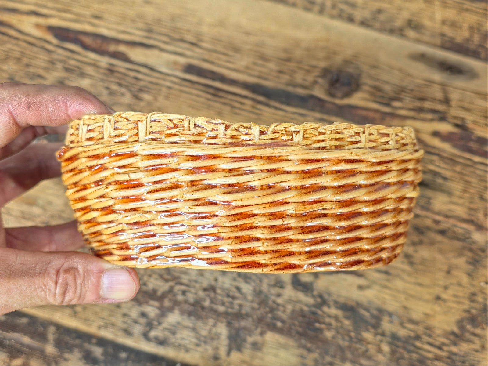 Vintage Resin Coated Wicker Basket with Pinecones and Red Berries Lid