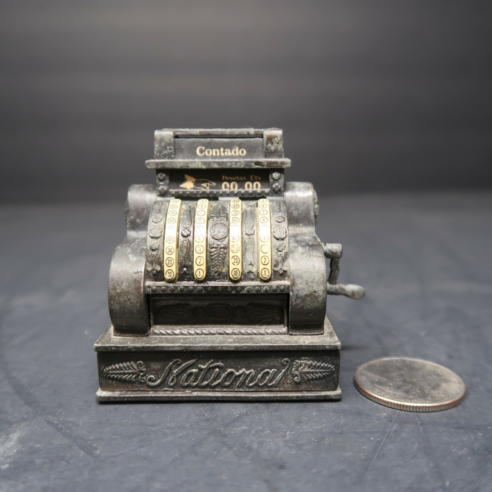Vintage Play Me National Contado Cash Register Pencil Sharpener Made In Spain