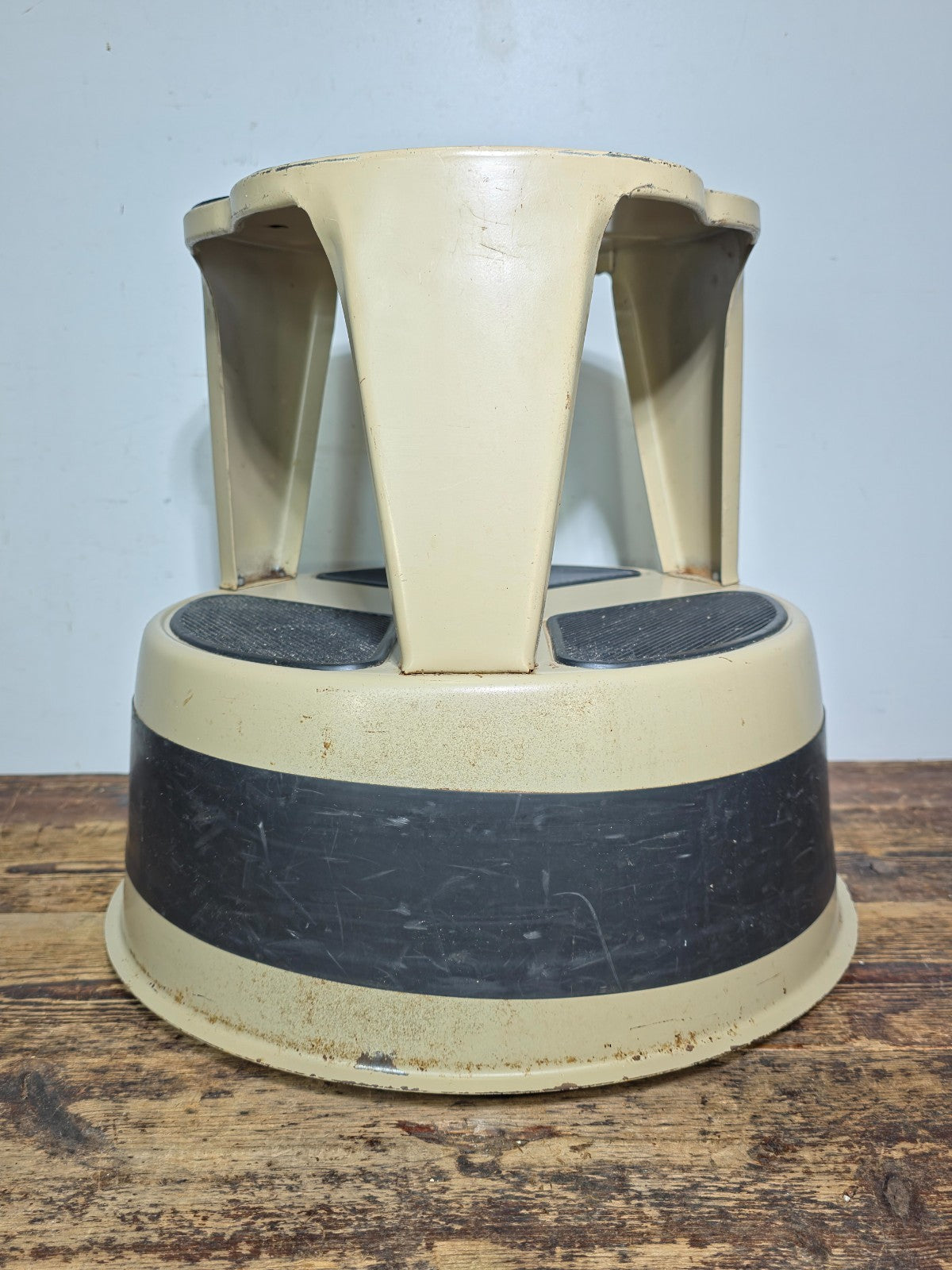 Vintage KIK-STEP Rolling Step Stool Beige Black Industrial 1980s USA