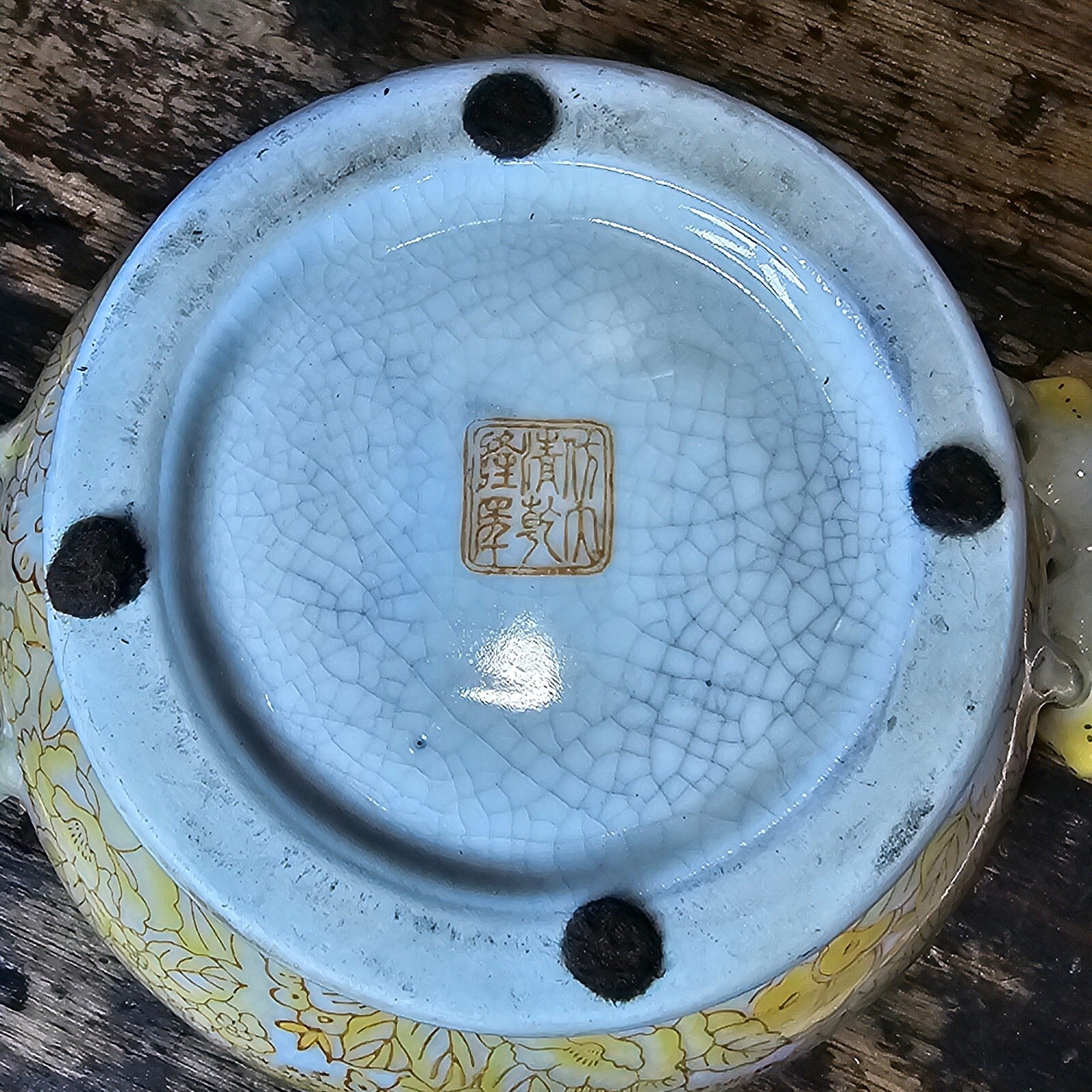 Yellow Decorated Porcelain Vase with Fruit Handles in Qianlong Style 6"H