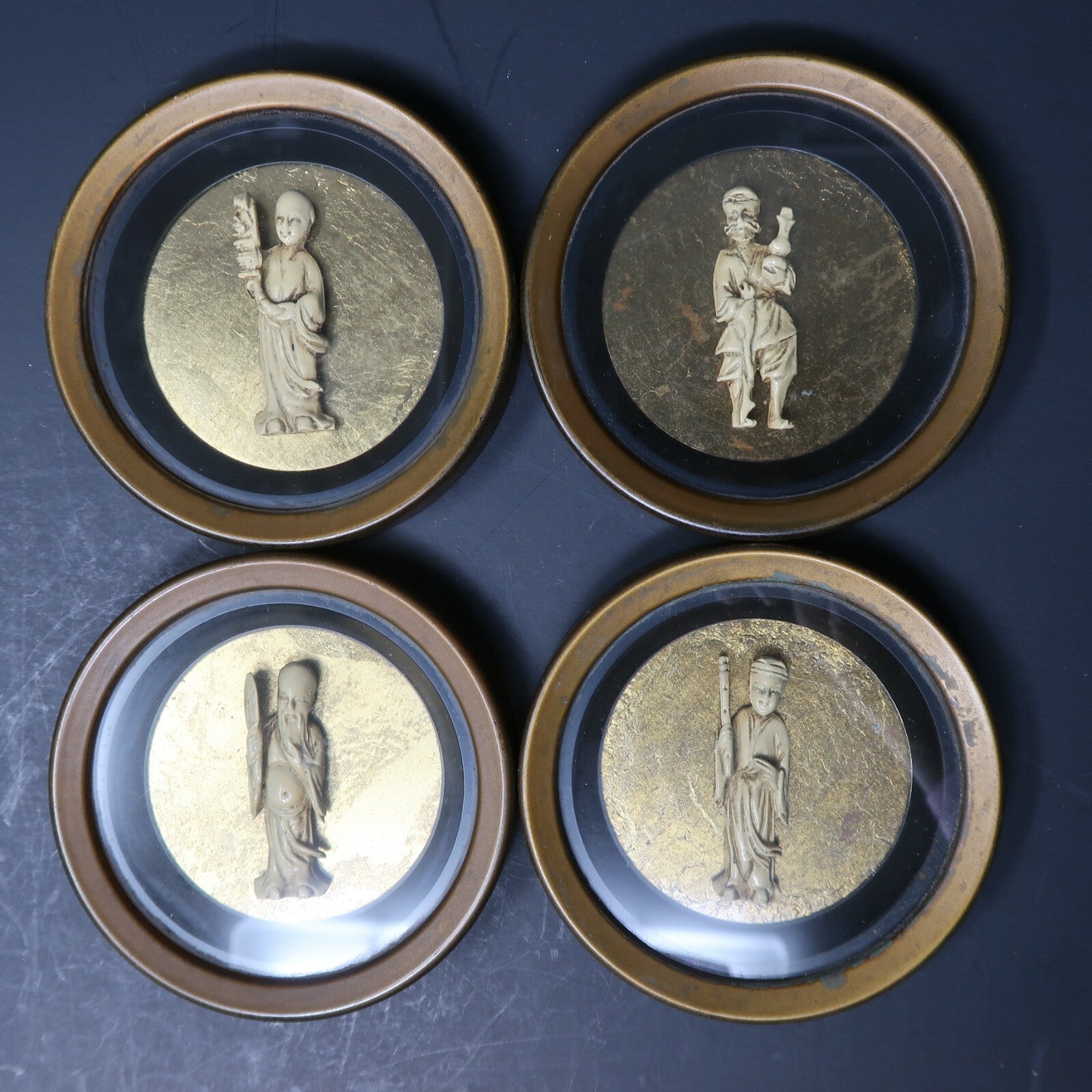 Lot of 4 Vintage Coasters Chinese Immortal (神仙) Figure In each Coaster