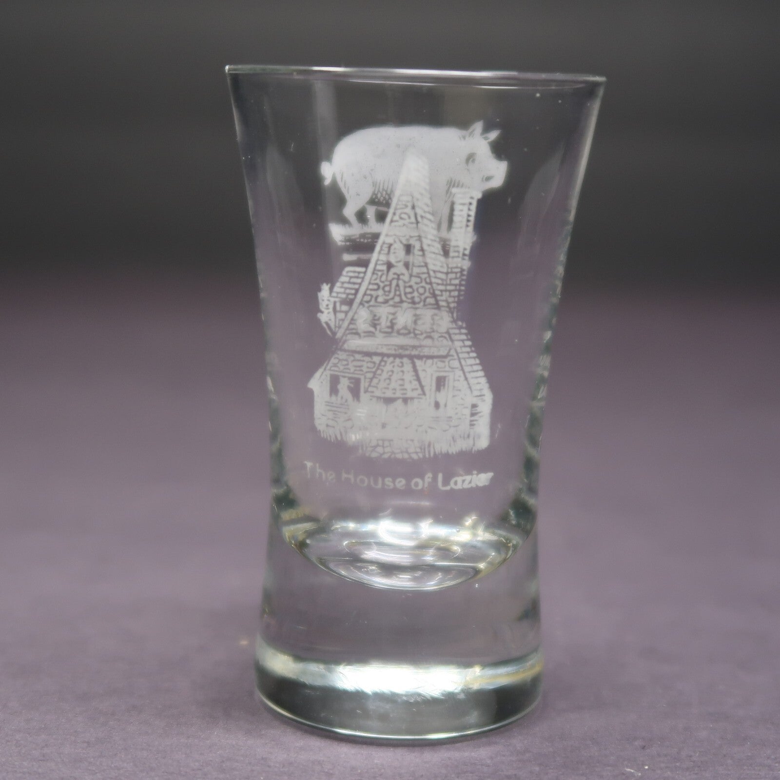 " Pig Gents Ladies " & " The House of Lazier " Etched Shot Glass H 3.3"