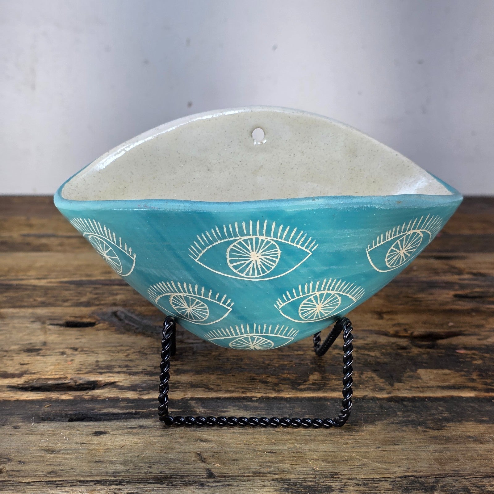 Studio Pottery Wall Pocket | “Eye” Sgraffito in Turquoise | Signed