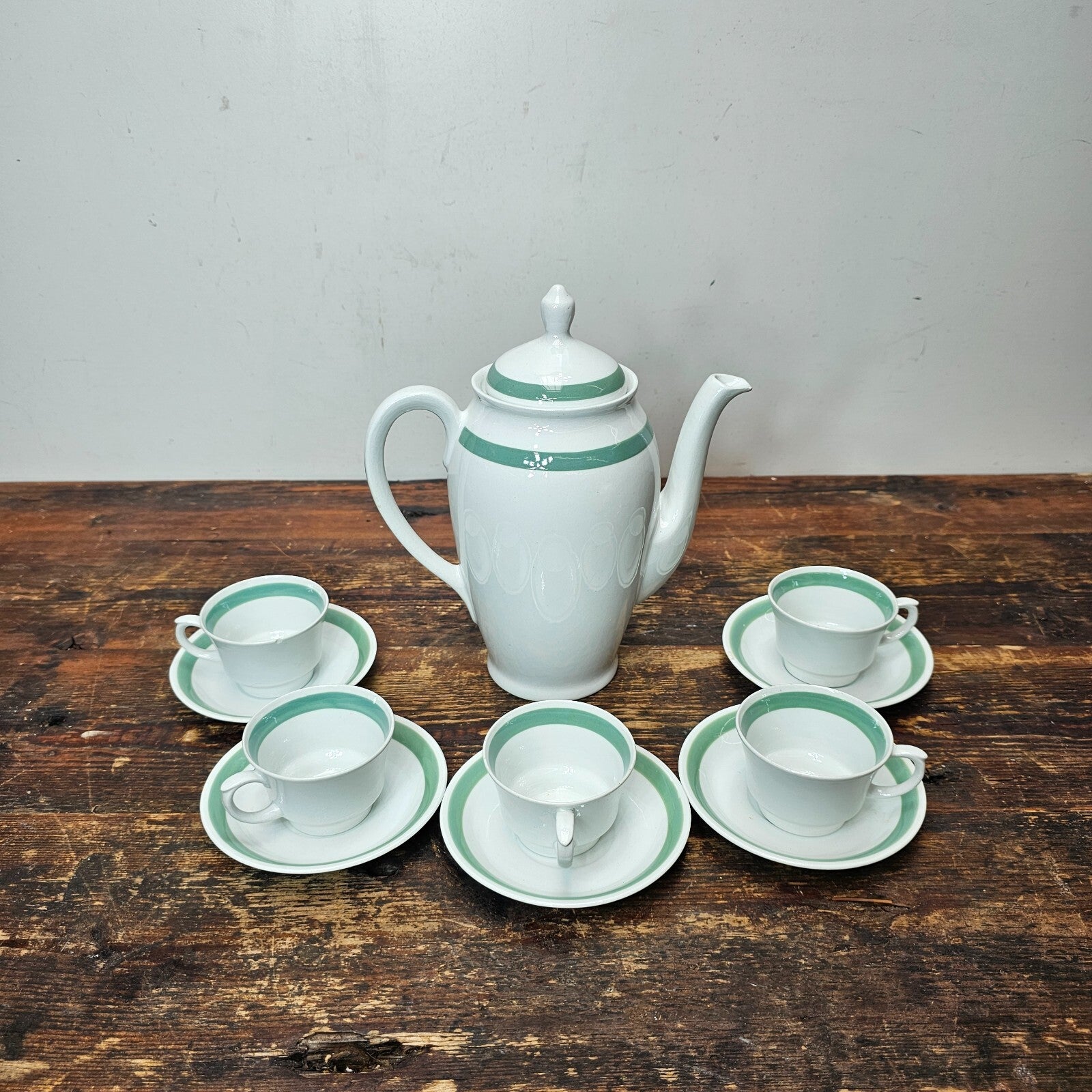 Arabia Suomi Finland Green Band Ribbons White Demitasse Cup & Saucer + Teapot