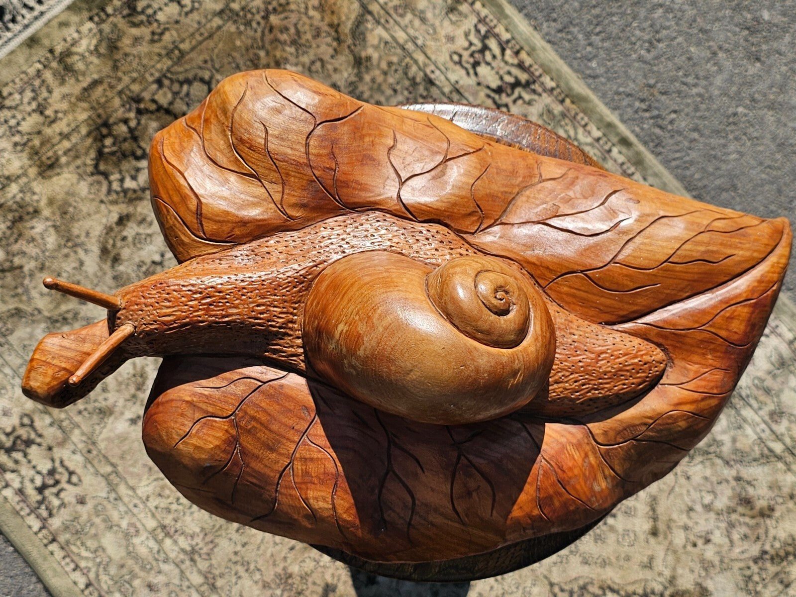 Handcrafted Wooden Snail on Leaf Sculpture Signed 19"L x 11"W x 5.5"H