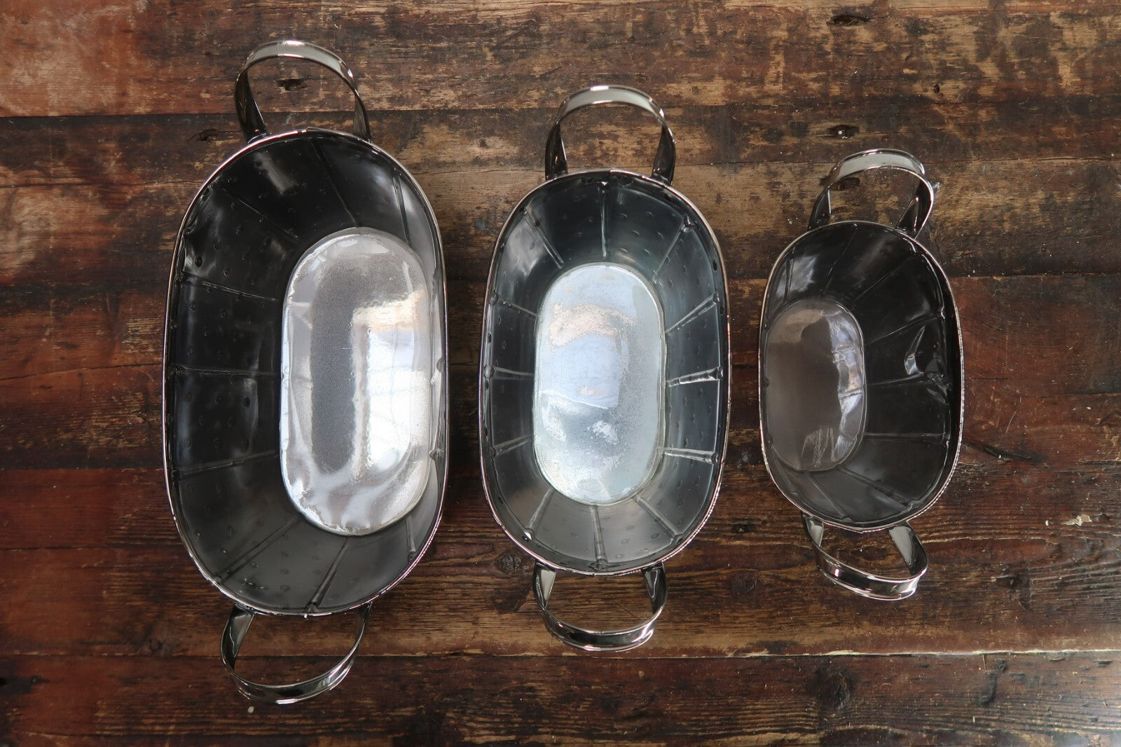 Metal Oval Planters Set of 3 Nested Smoke Metalic Planter With Handles