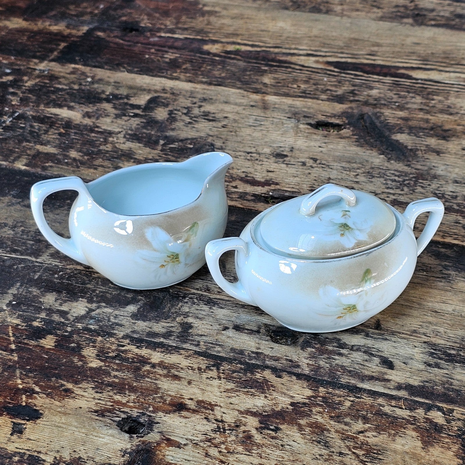 Antique RS Germany Creamer & Sugar Bowl Set - White Lilies, c. 1910s-20s