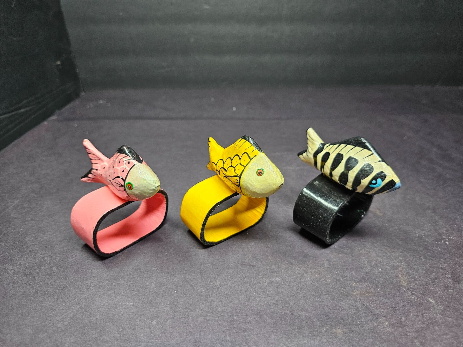 Set of 6 Colorful Hand Painted Teak Wood Fish Napkin Rings