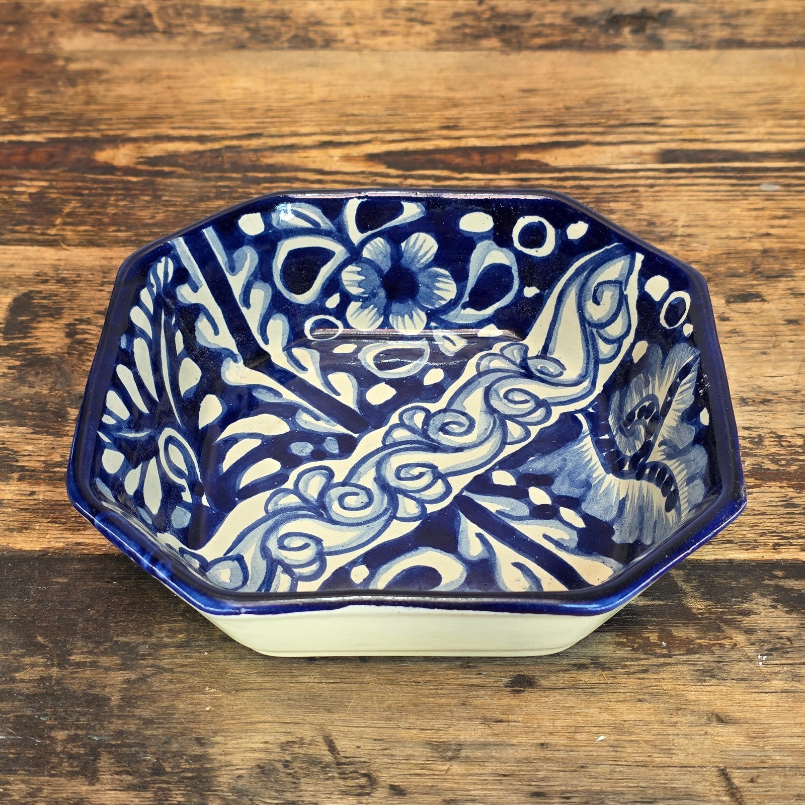 Talavera Pottery Bowl - Blue & White Octagonal Dish Signed R. VENEGAS