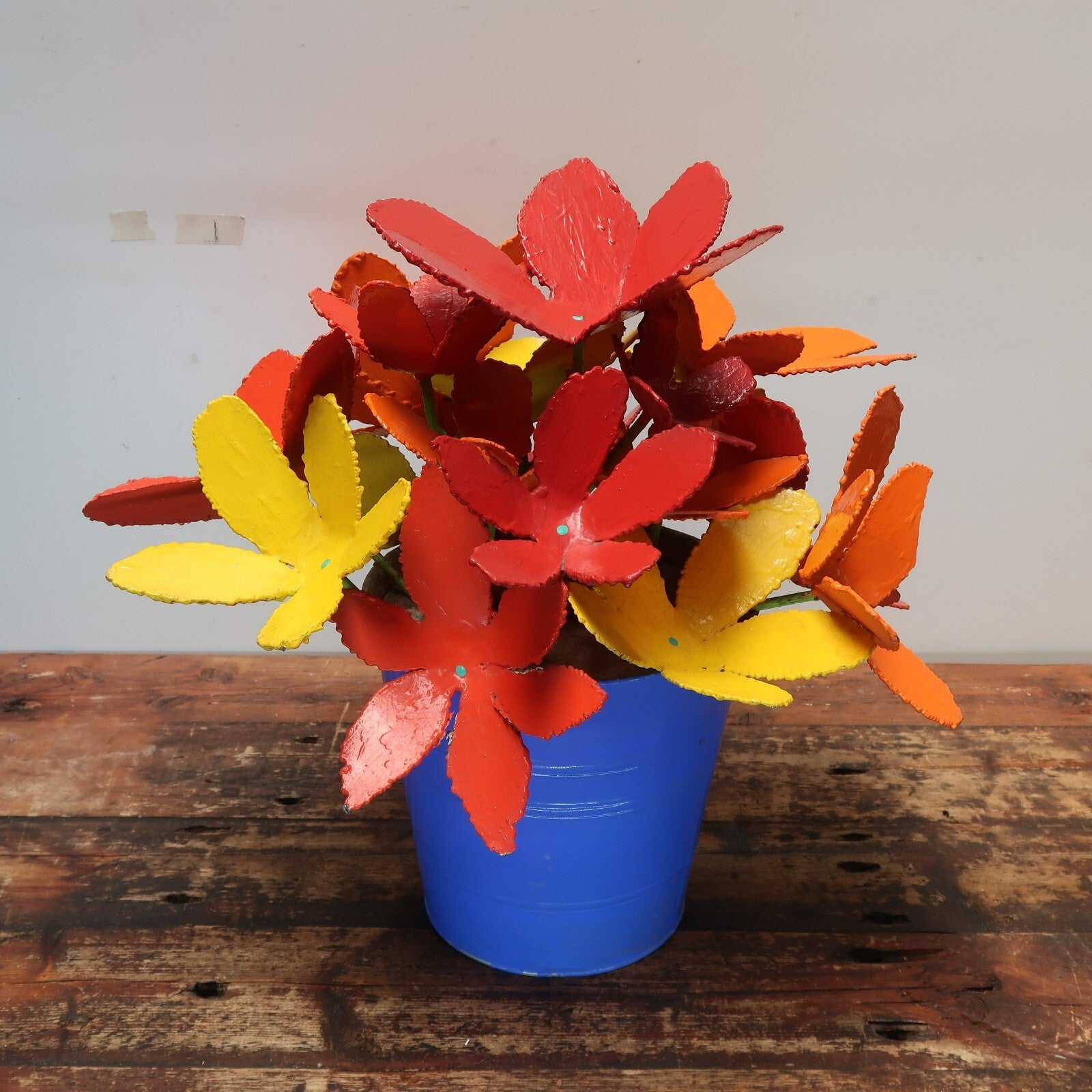 Colorful Iron Flowers In Blue Metal Bucket Garden Yard Sculpture Signed