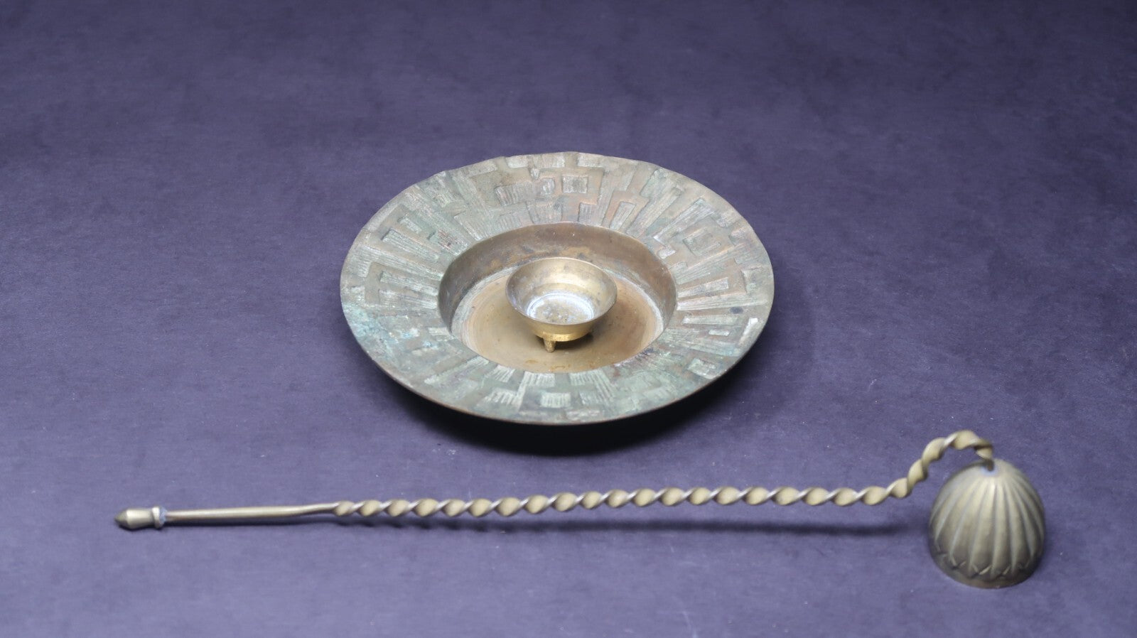 3 Piece Set Asian Style Brass Candle Holder With Snuffer Vintage