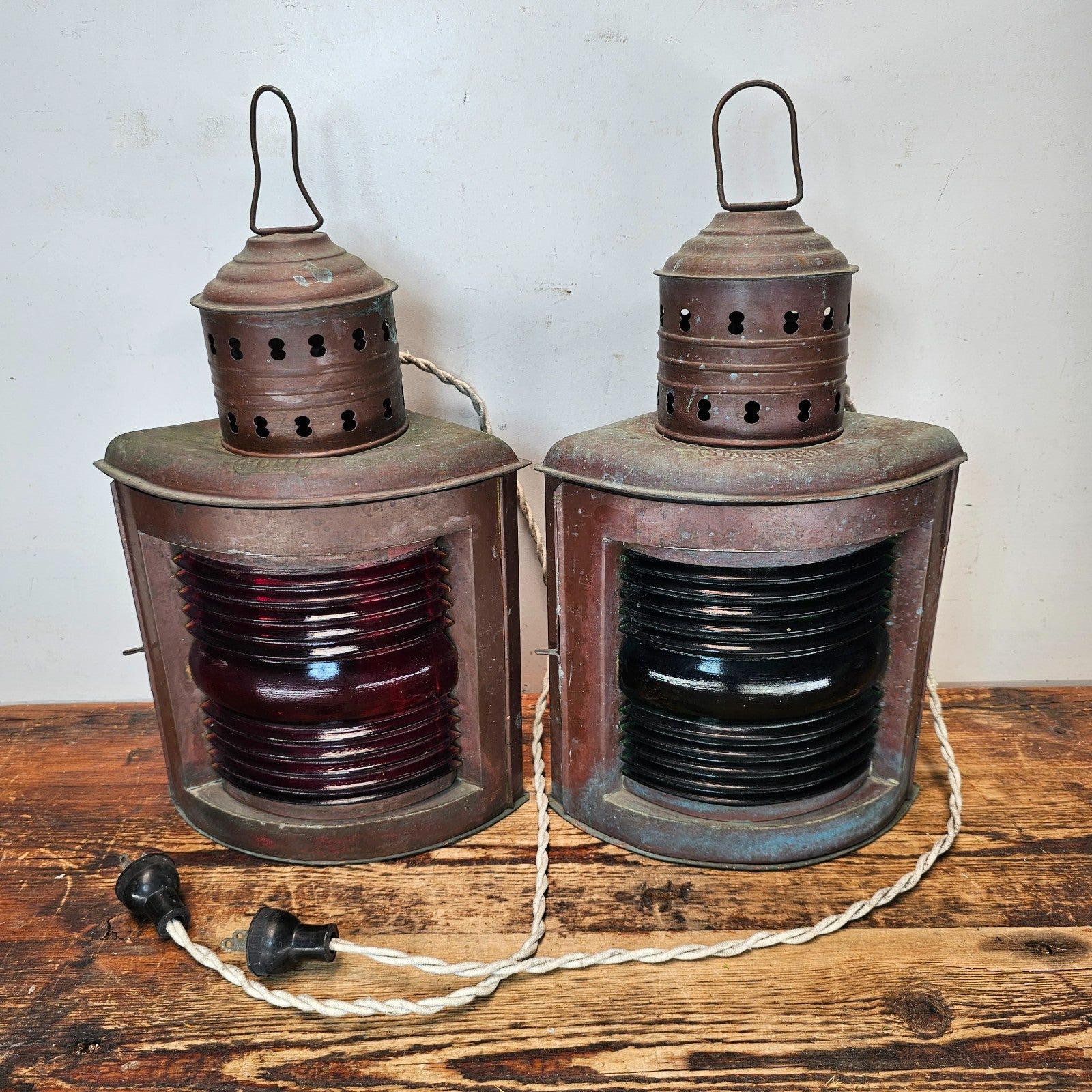 Authentic Vintage USA Copper Marine Lamps - Set of 2 Red/Green Ship Lights