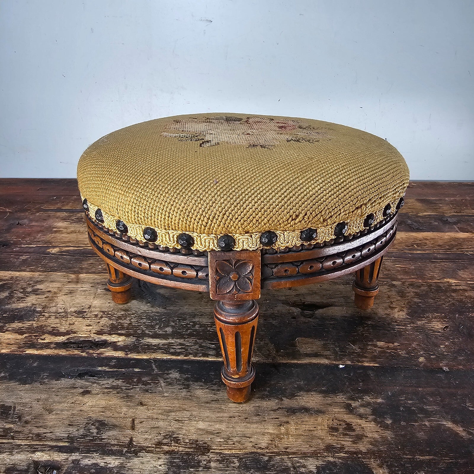 Antique French Petit Point Embroidered Footstool 11.5"Diam × 7.5"H