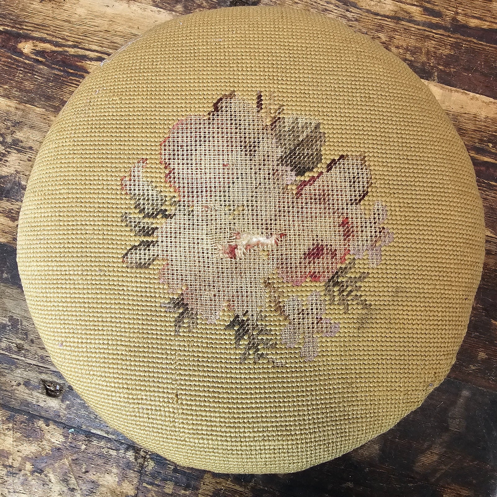 Antique French Petit Point Embroidered Footstool 11.5"Diam × 7.5"H