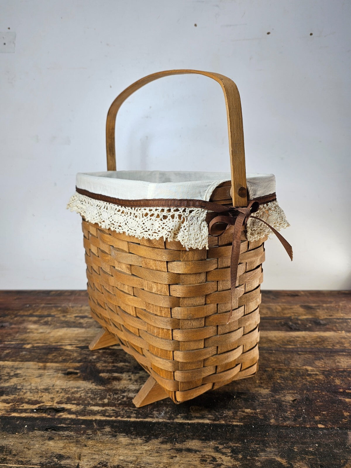 Longaberger Footed Magazine Basket-Swinging Handle With Original Liner 1985