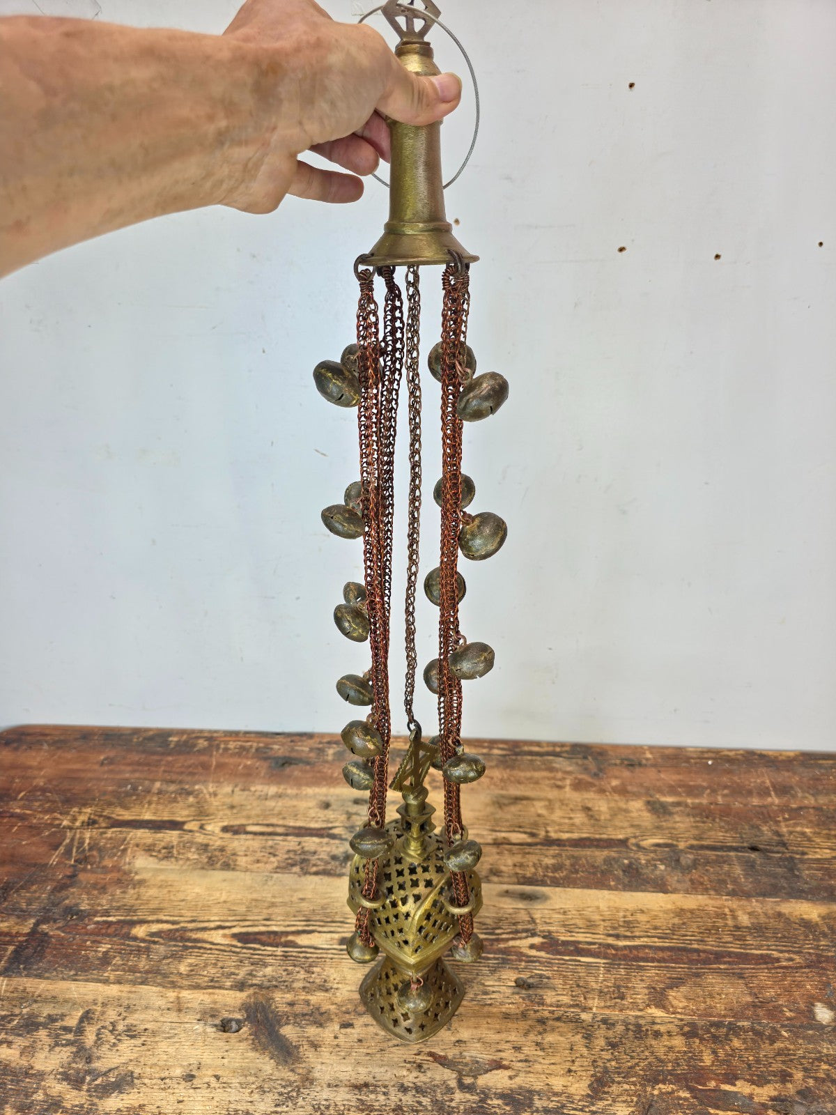 Vintage Ethiopian Coptic Brass Processional Incense Burner — 30" — Bells & Chain