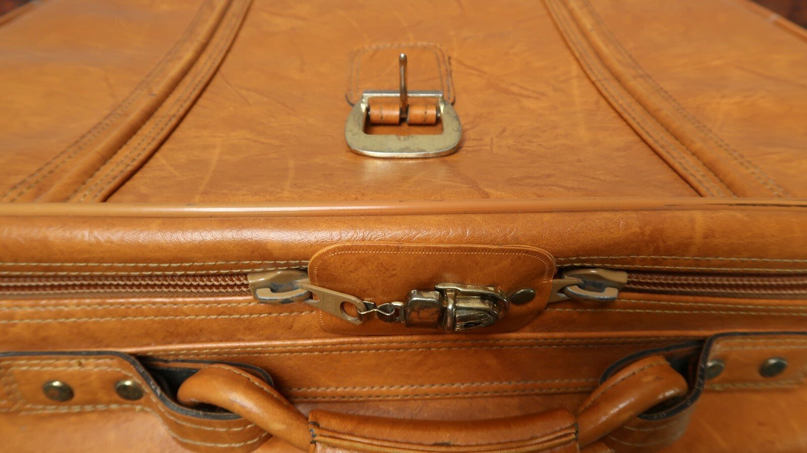 Vintage Faux Leather Luggage Travel Bag Khaki 22" x 14" x 6.5"