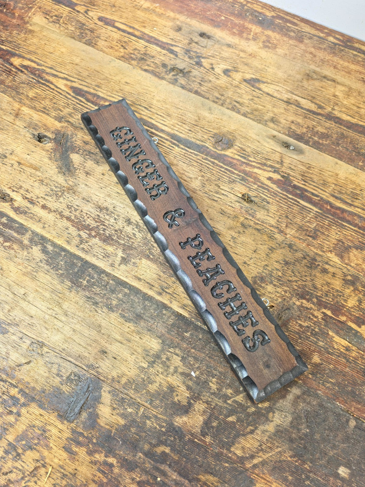 Vintage Hand-Carved Wood Sign GINGER & PEACHES | Rustic Folk Art Wall Decor 15"