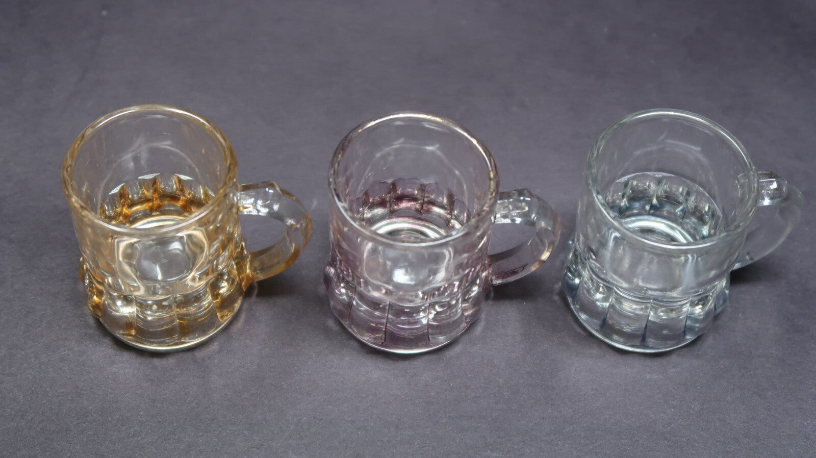 Lot of 3 Vintage Federal Glass Company Colored Shot Mugs Purple Blue Yellow 1.9"