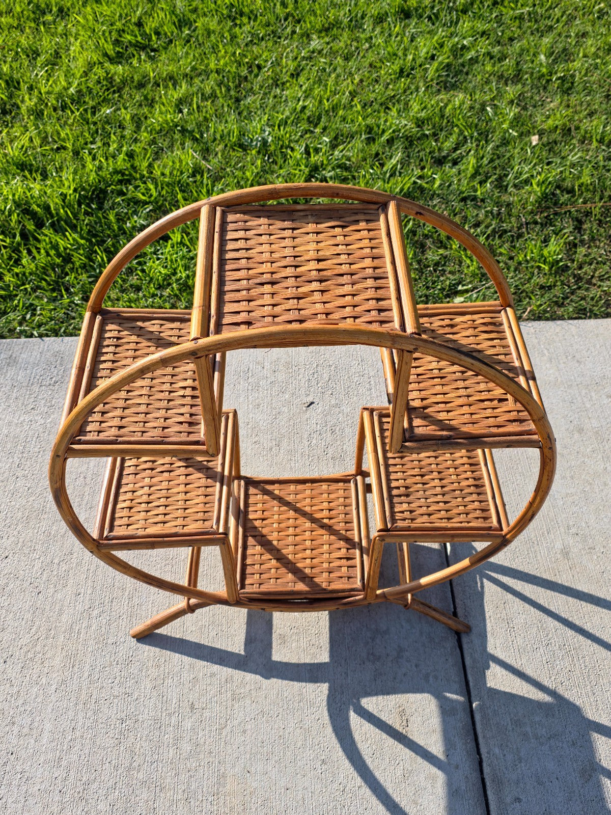 Rare 1930s-50s Boho Rattan Circle Shelf | 6-Tier Wicker Plant Stand Masterpiece