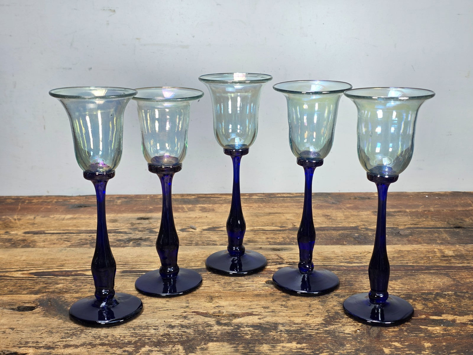 Set of 5 Rick Strini Art Glass Goblets Iridescent & Cobalt Blue Signed c.1970s