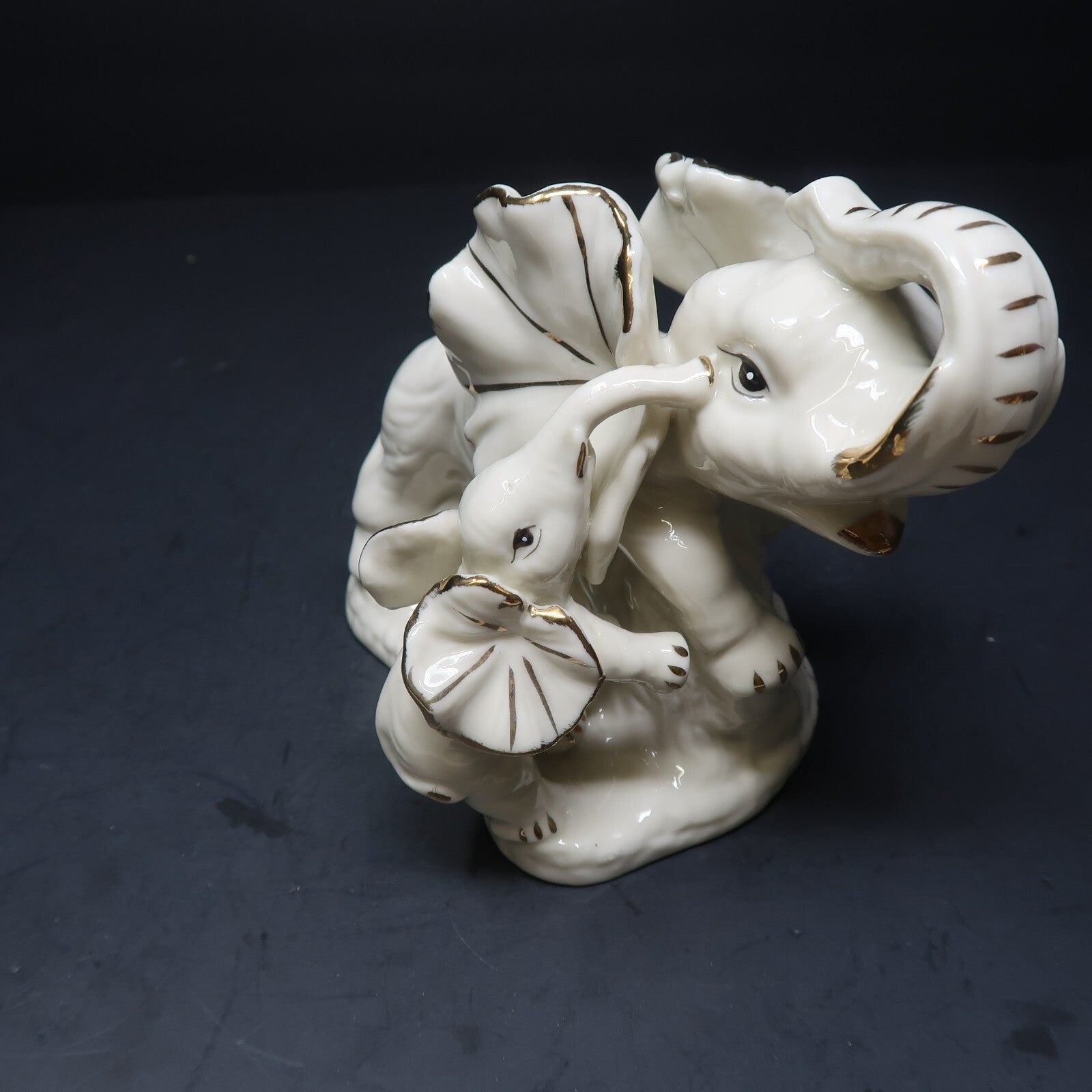 Elephant Mother & Baby White Porcelain Floral Figurine Gold Accents