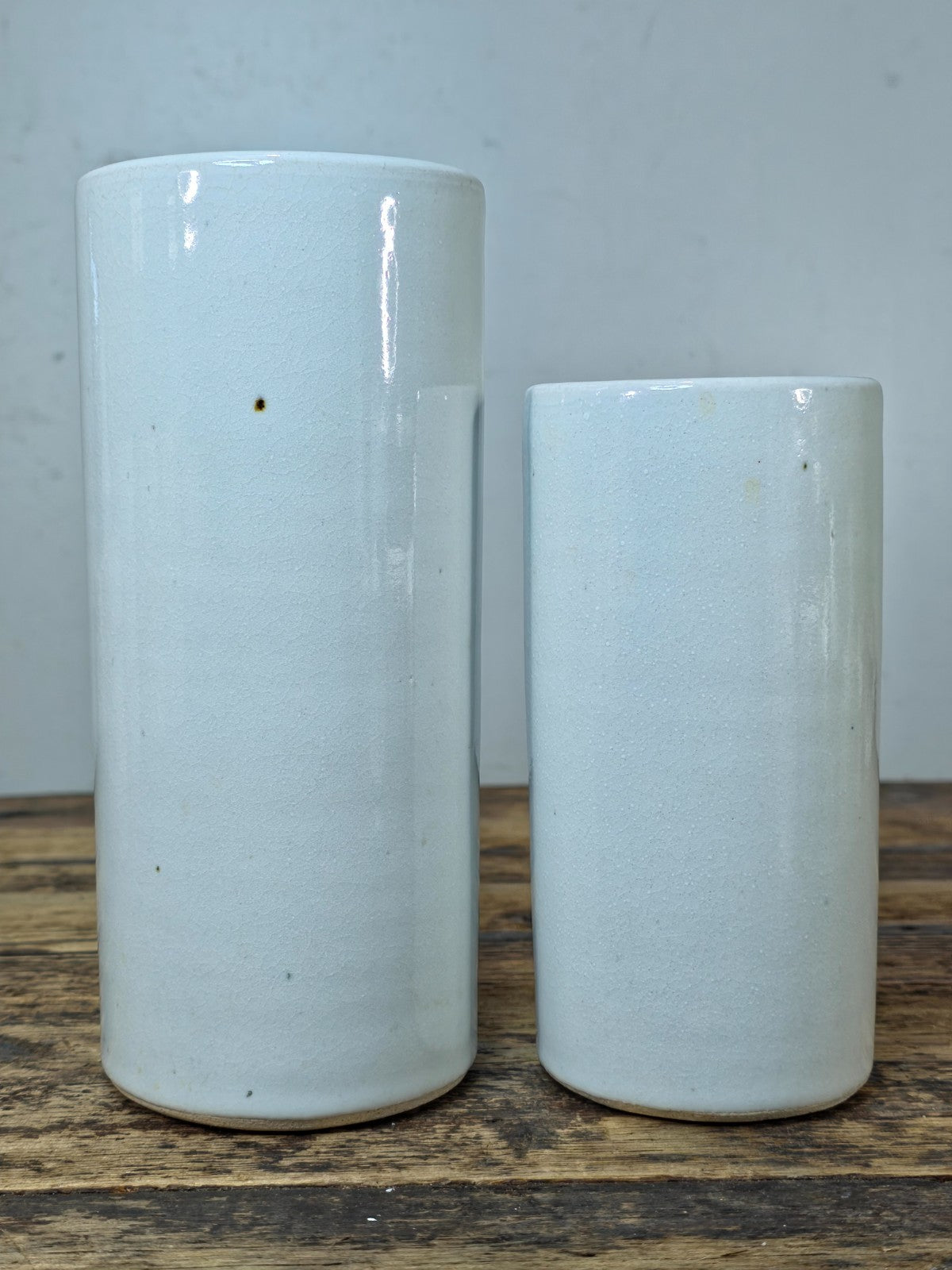 Signed Studio Pottery Vase Pair White Crackle Glaze Cylinders Modernist Style