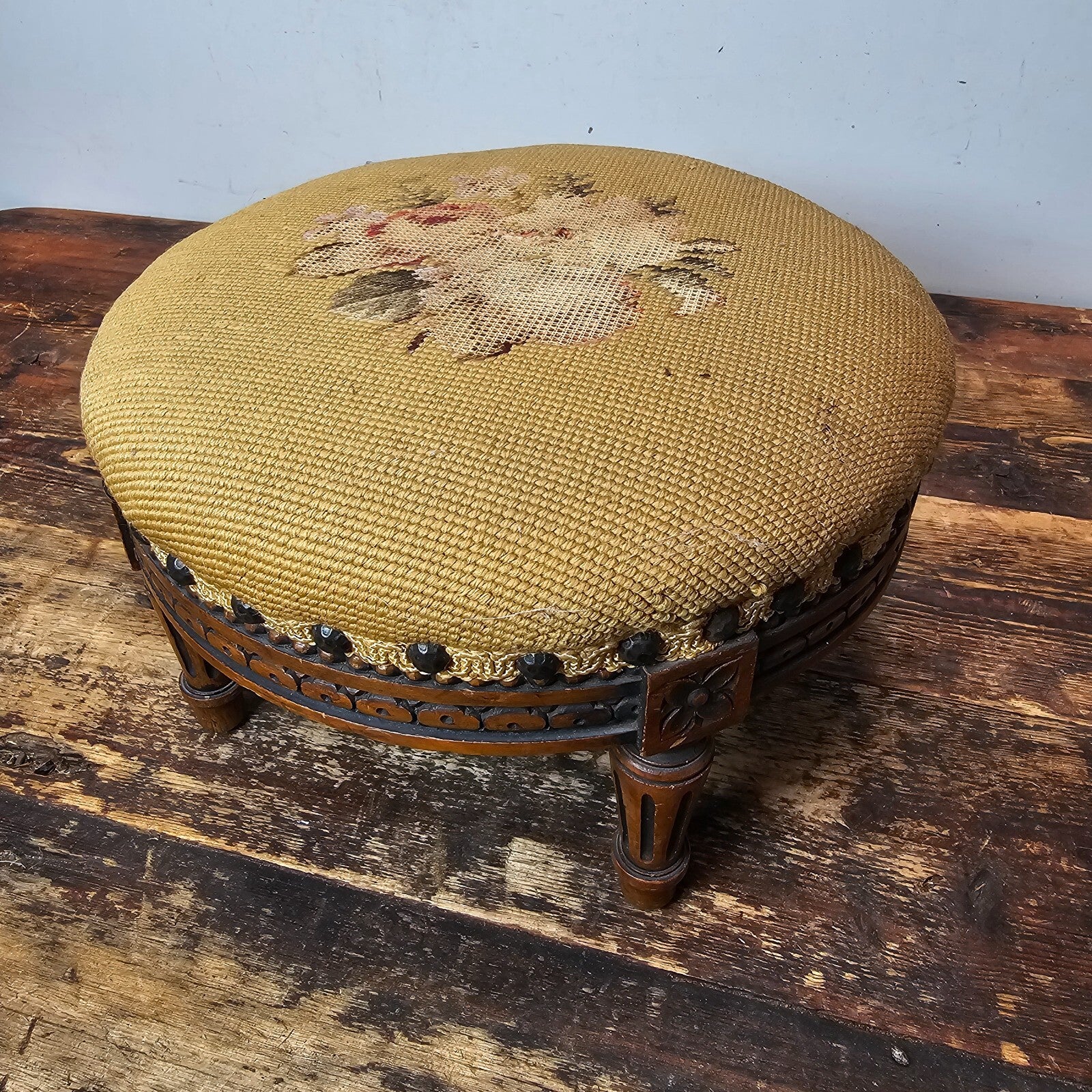 Antique French Petit Point Embroidered Footstool 11.5"Diam × 7.5"H