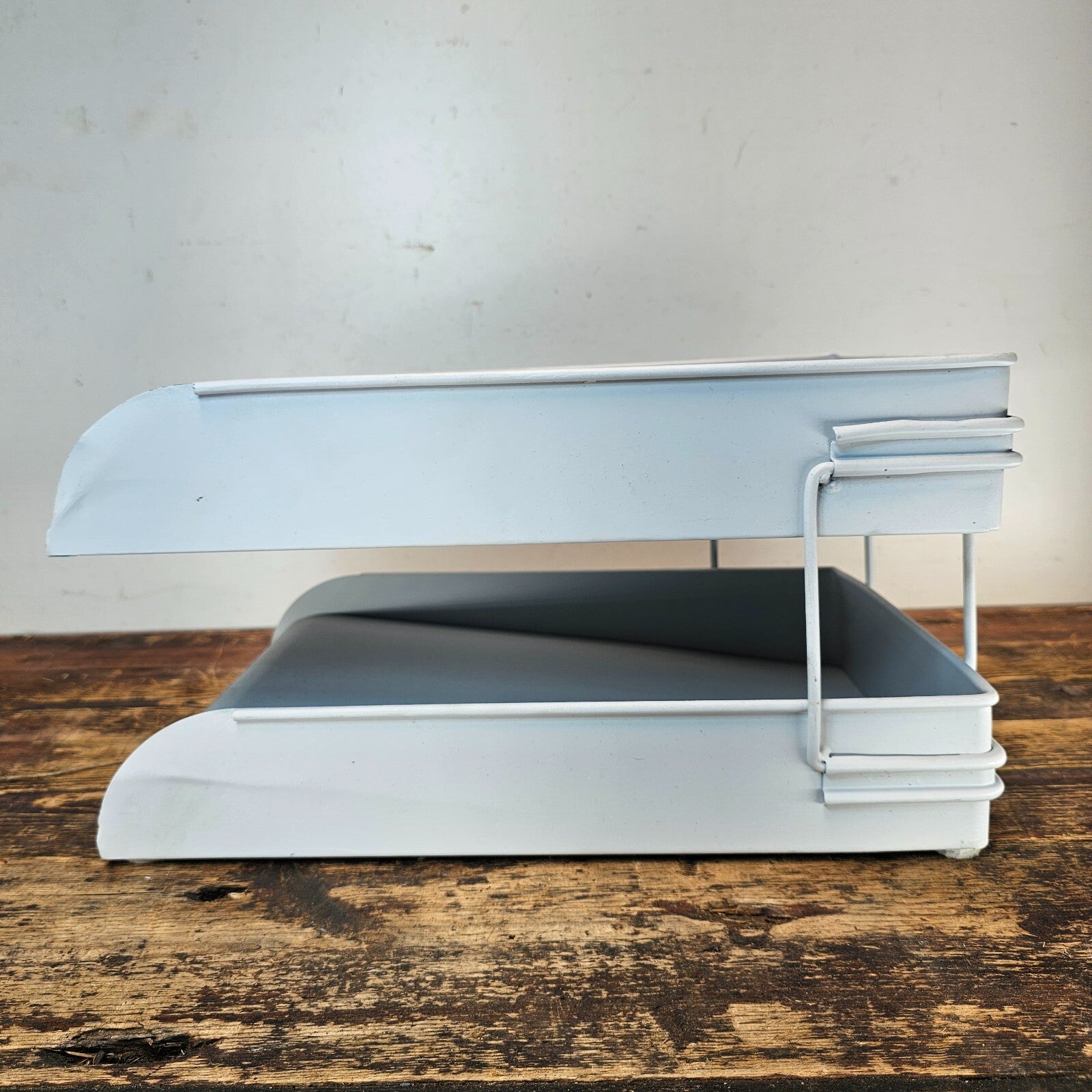 Vintage Pale Blue 2-Tier Industrial Metal Paper Tray / Desk Organizer