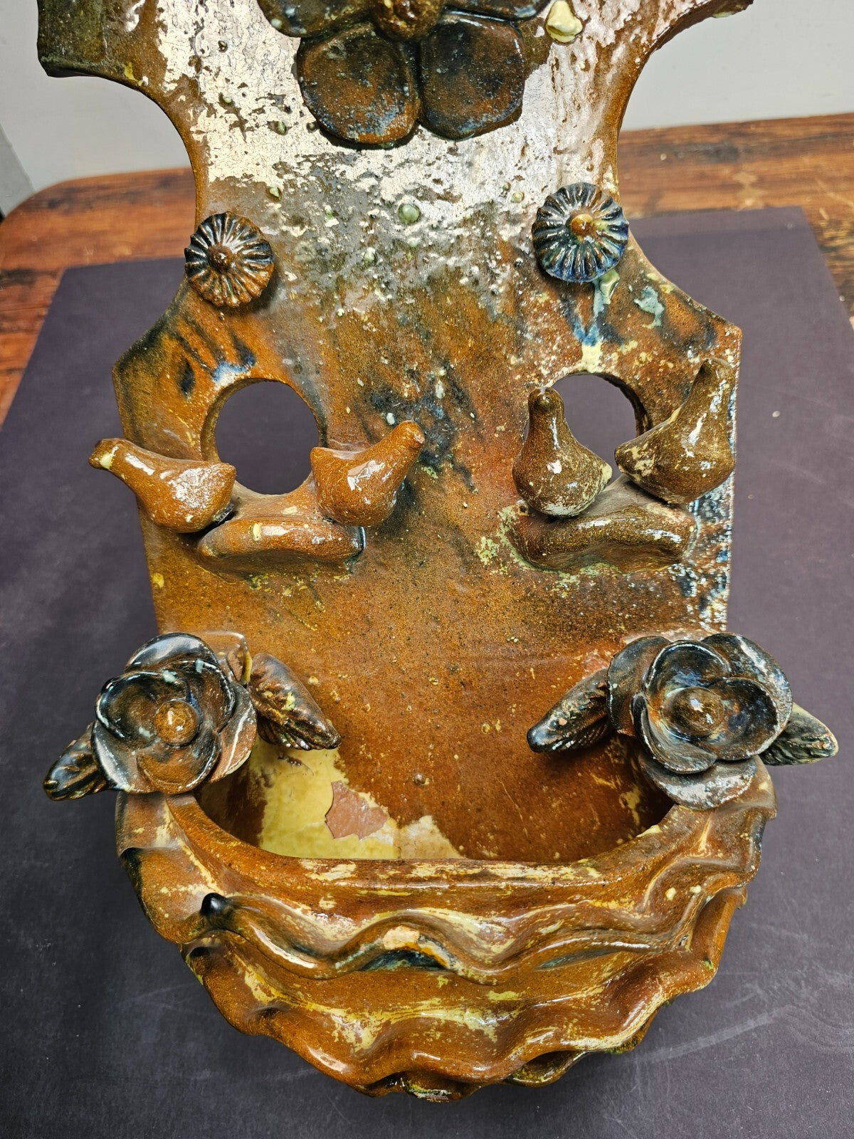 Vintage Mexican Tree of Life Pottery Metepec Wall Planter 16"H x 10"W x 5"D