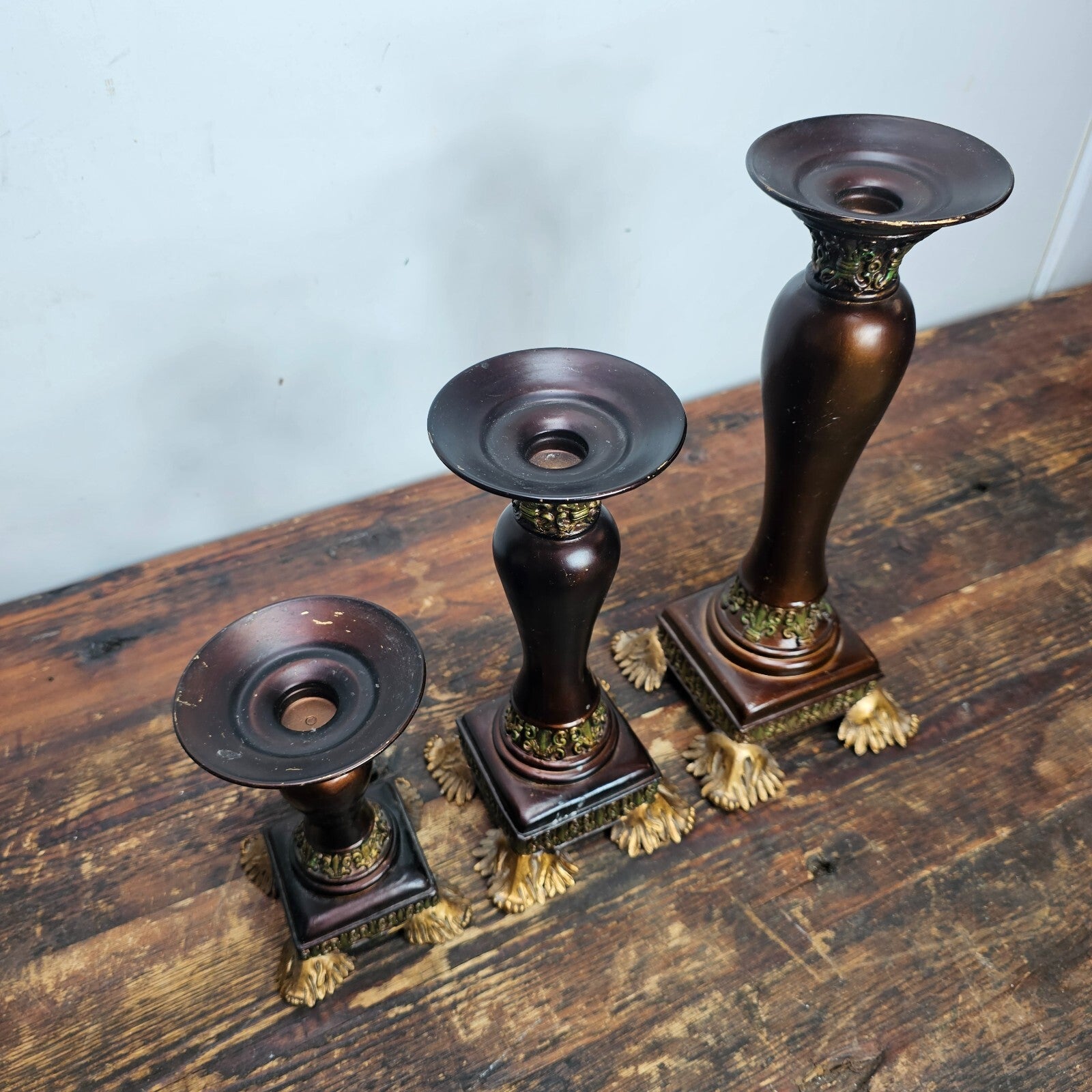 Set of 3 Ornate Resin Candle Holders With Metal Candle Drip Tray