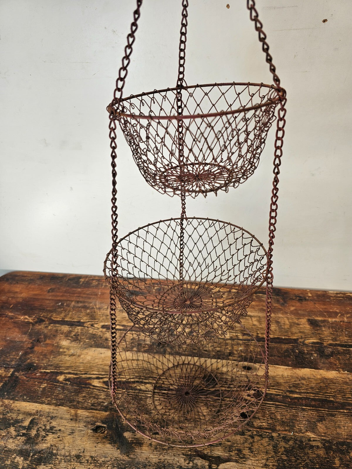 Vintage Rusty 3 Tier Metal Wire Hanging Basket Collapsible