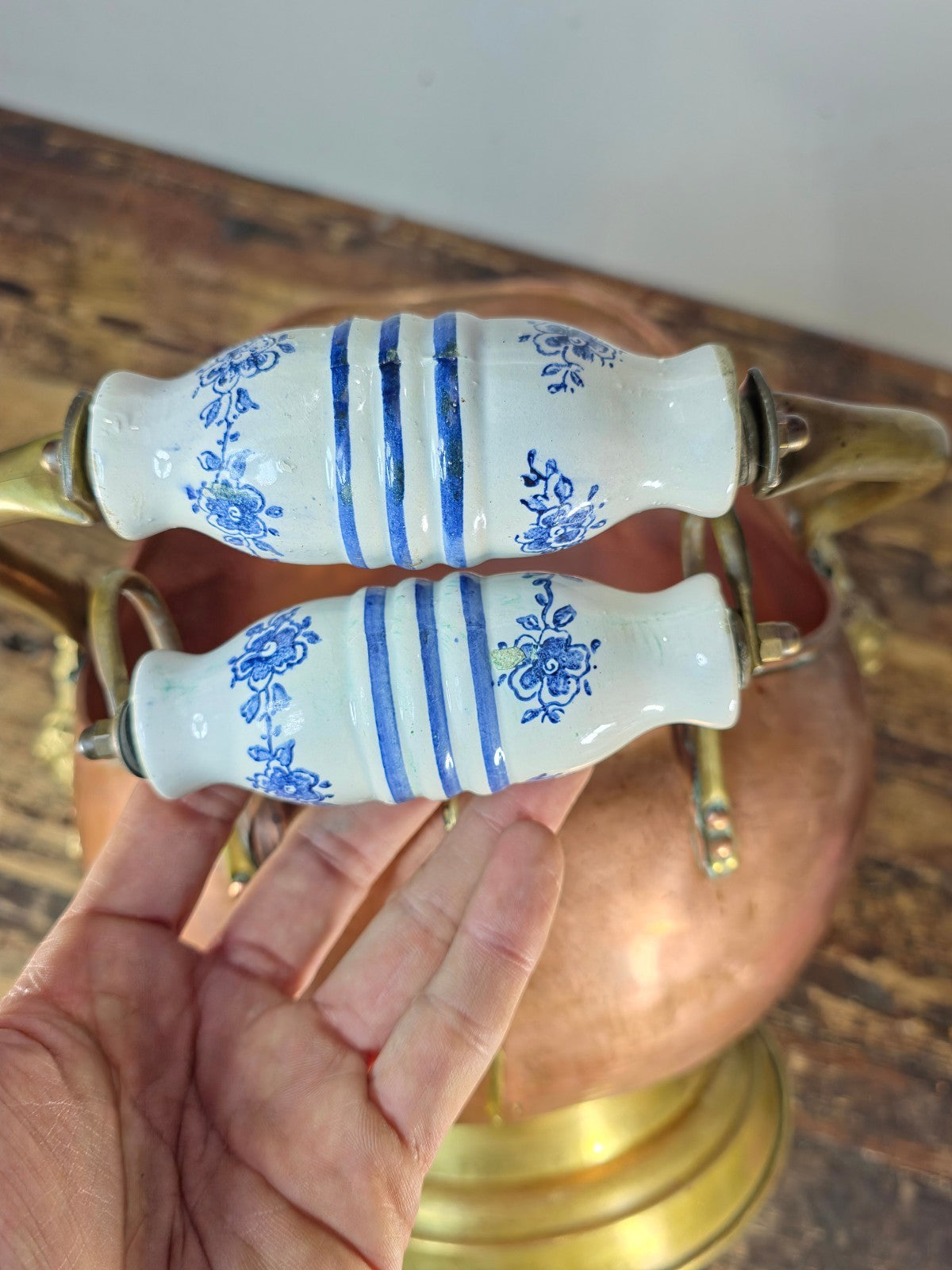 Vintage Copper & Brass Coal Scuttle w/ Delft-Style Ceramic Handles & Lion Heads