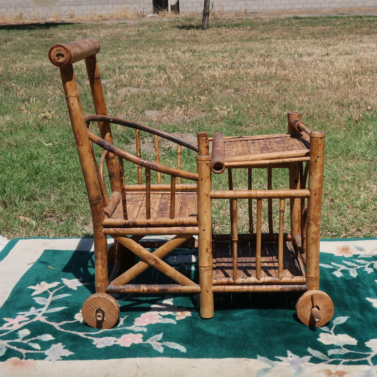 1970s Spanish Bamboo Wheeled Children's Trolley / Garden Plant Stand Holder