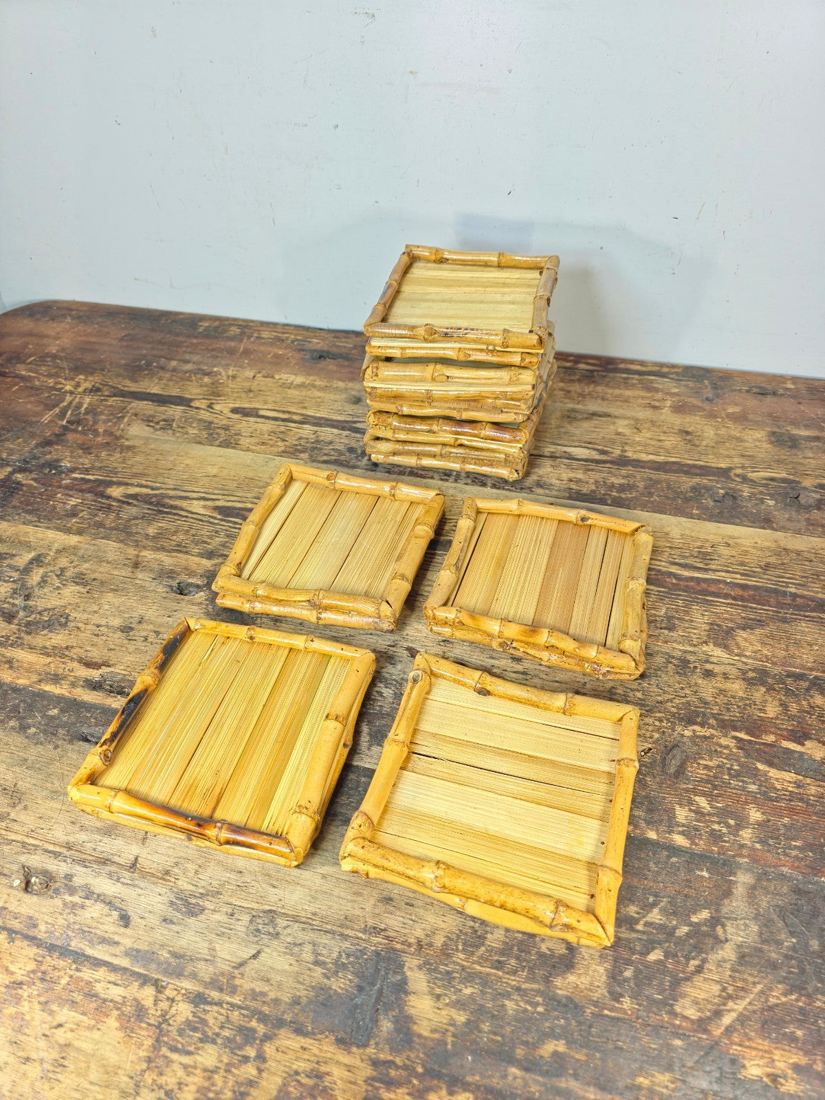 Vintage Handmade Bamboo Square Tray – 5.5" Natural Display Stand / Coaster