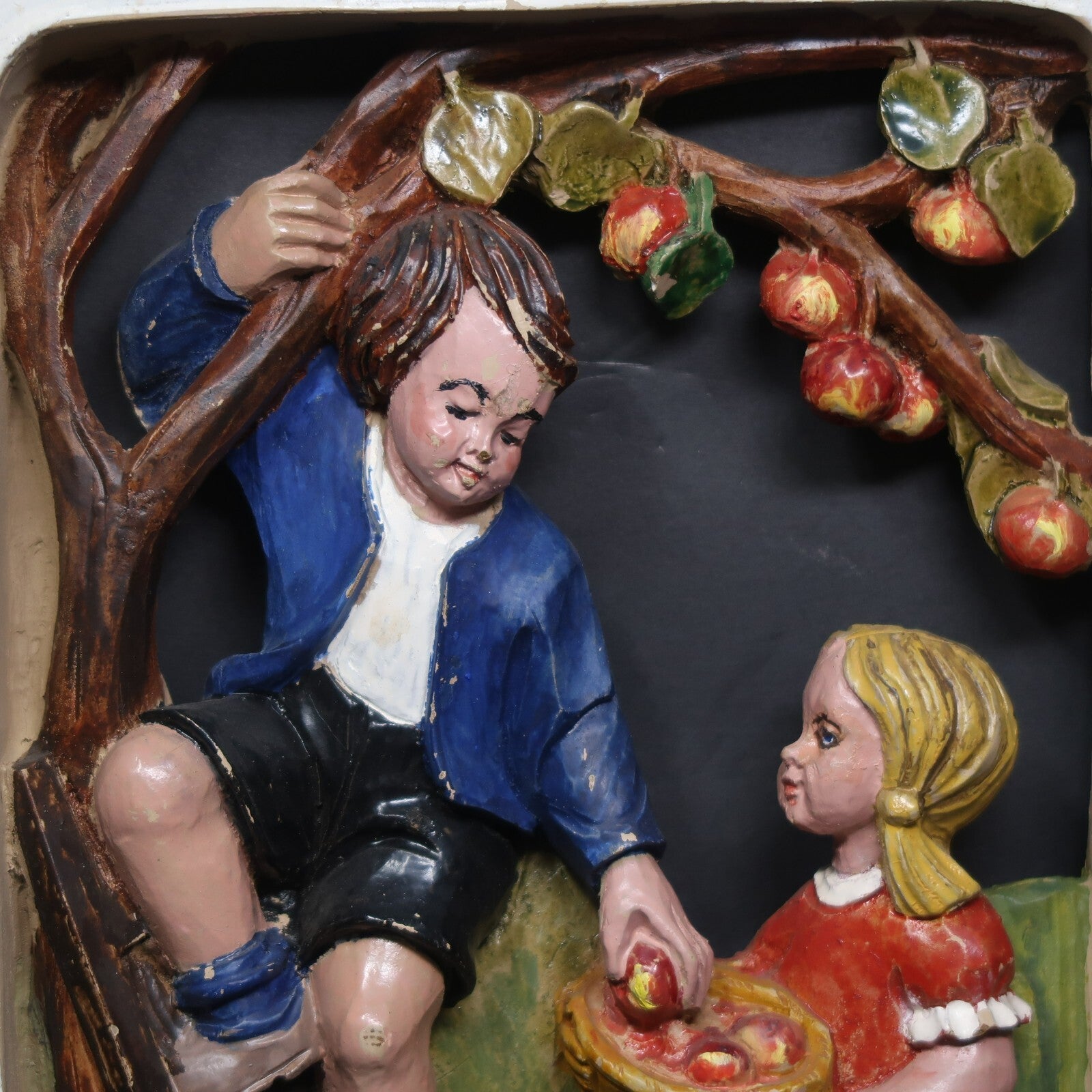 Brother and Sister Gathering Apples Faux Wood Framed Art