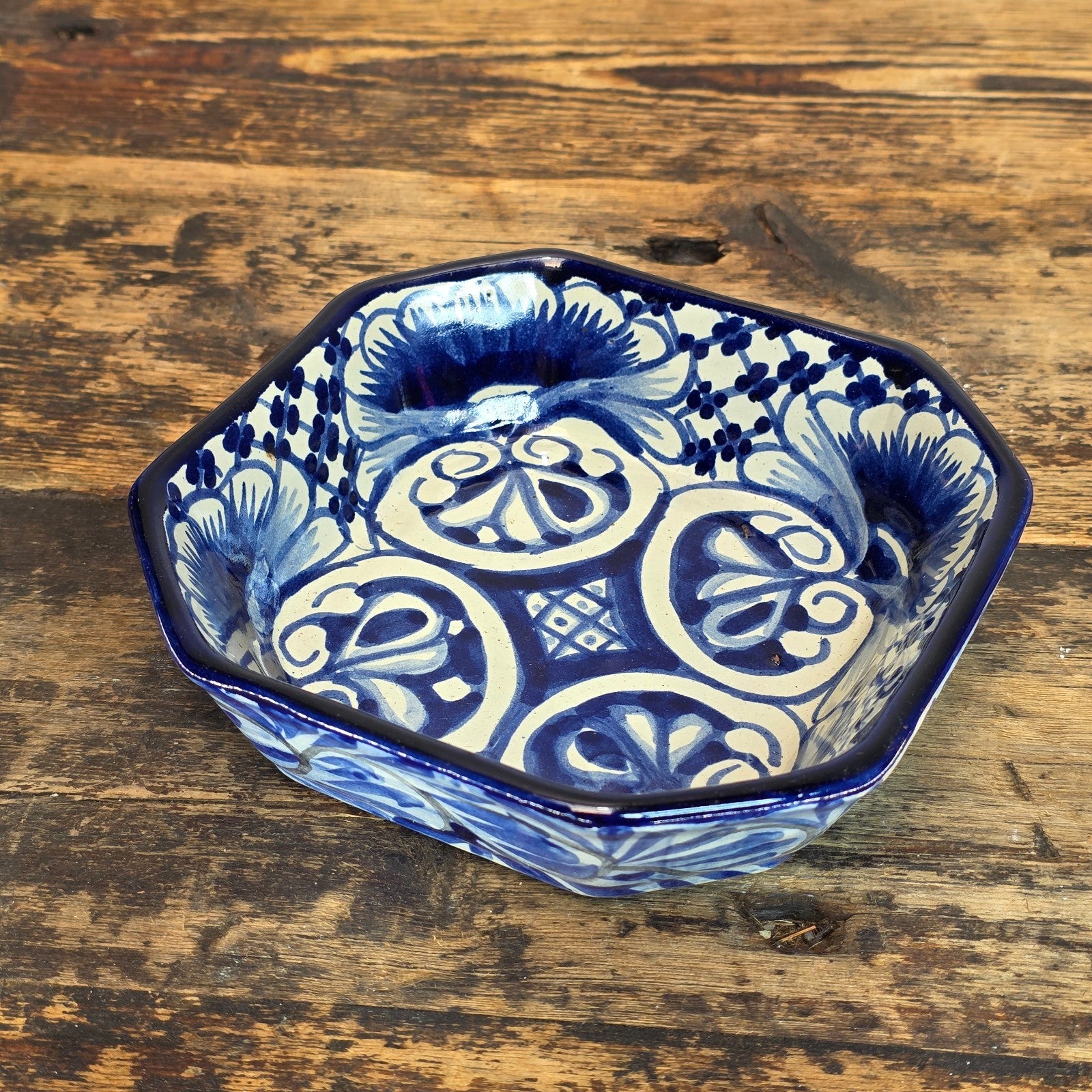 Talavera Pottery Bowl - Blue & White Octagonal Dish Signed R. VENEGAS