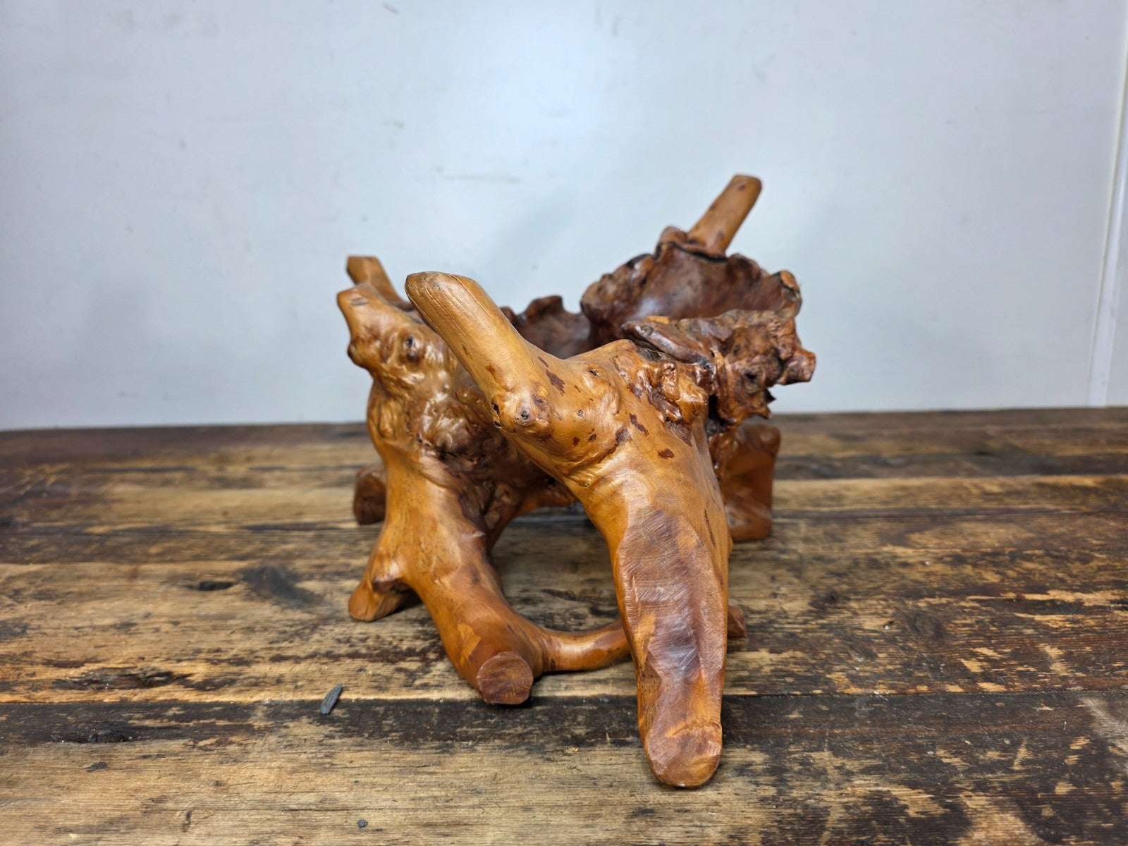 Vintage Hand-Carved Burl Wood Root Bowl / Sculpture — Natural Freeform 17" x 11"