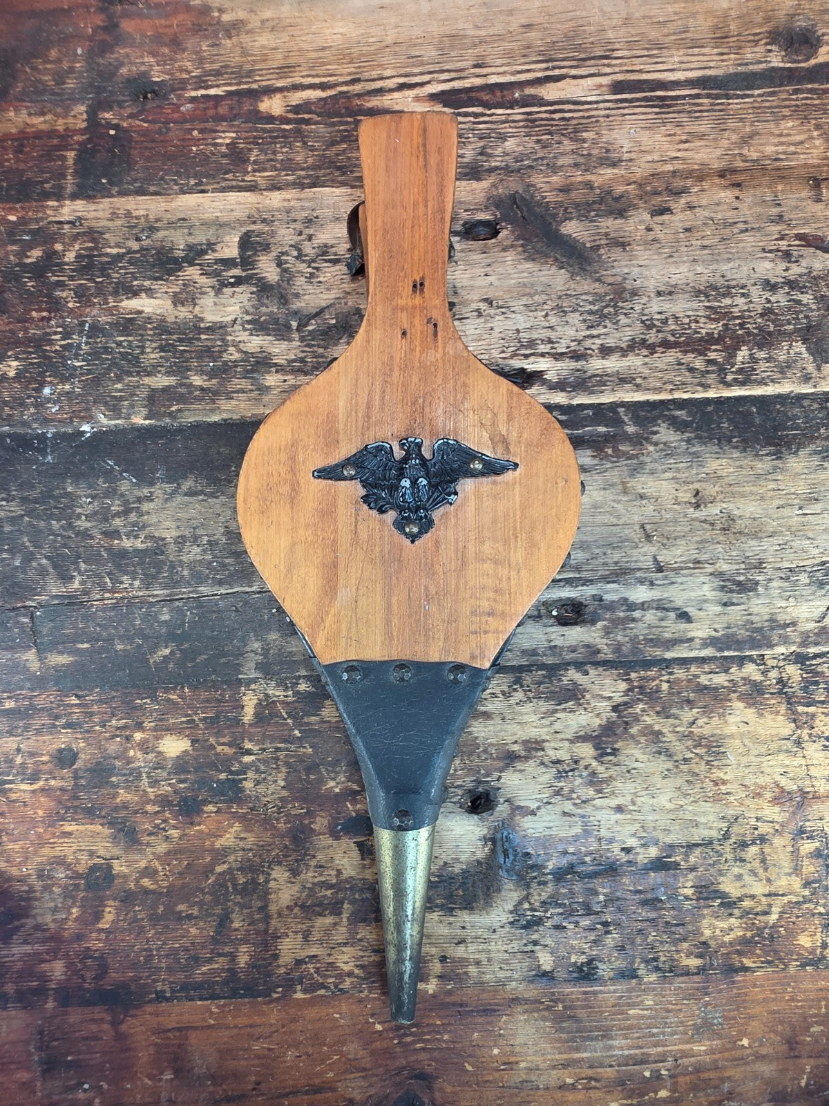Vintage Fireplace Bellows – Wood, Leather & Brass with Eagle Motif