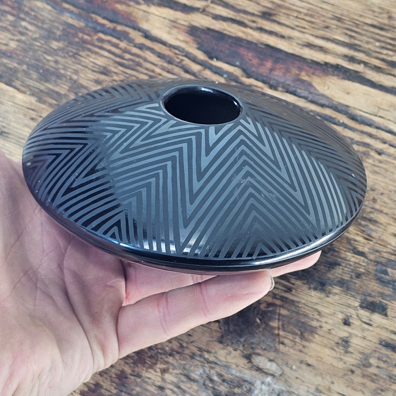 Mata Ortiz Geometric Black Pottery by Octavio Andrew 5"Diam x 2"H