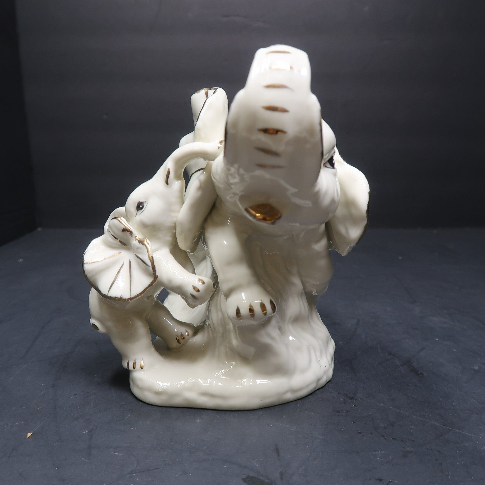 Elephant Mother & Baby White Porcelain Floral Figurine Gold Accents
