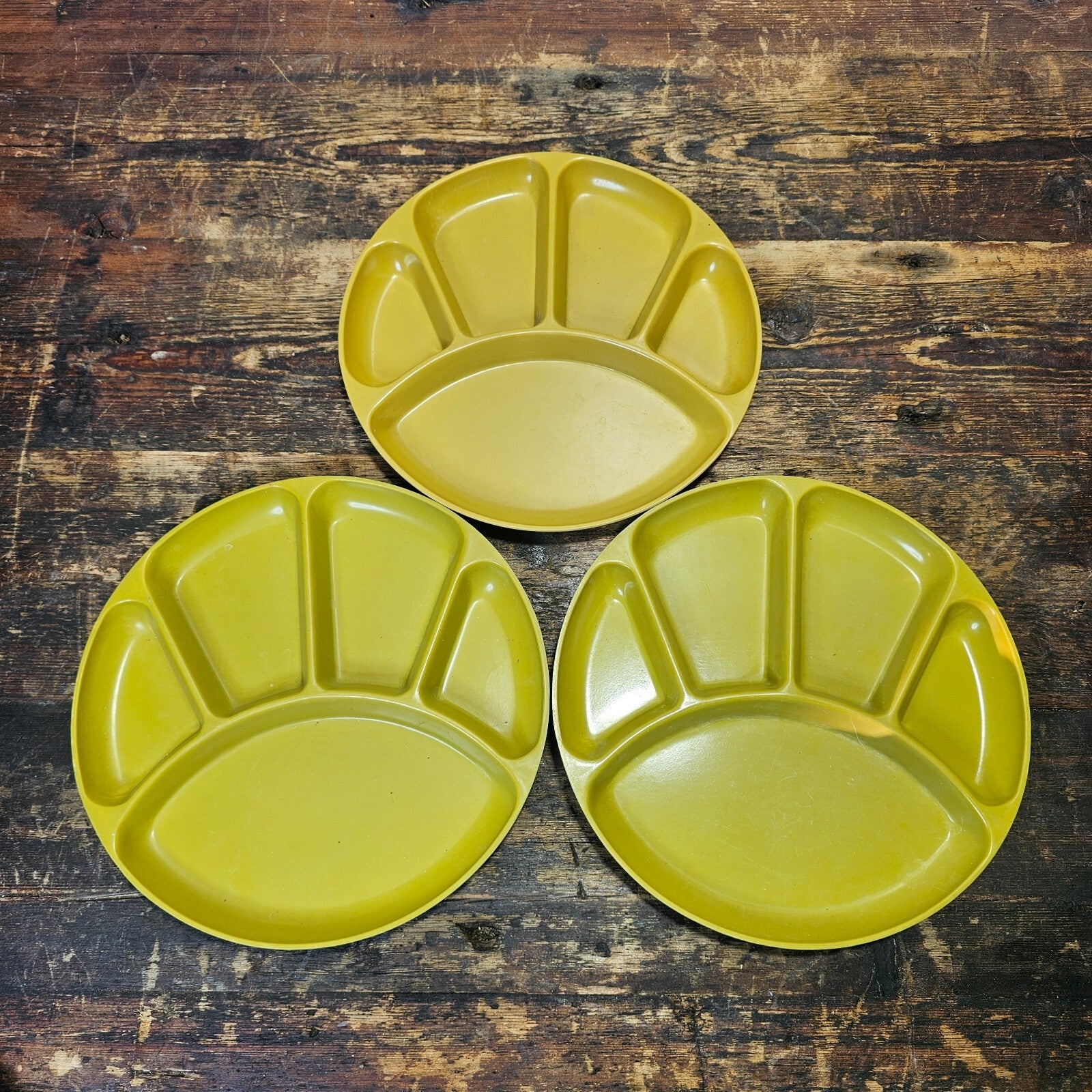 Set of 3 Vintage Gaiety Melamine Mustard Yellow Divided Dinner Plates