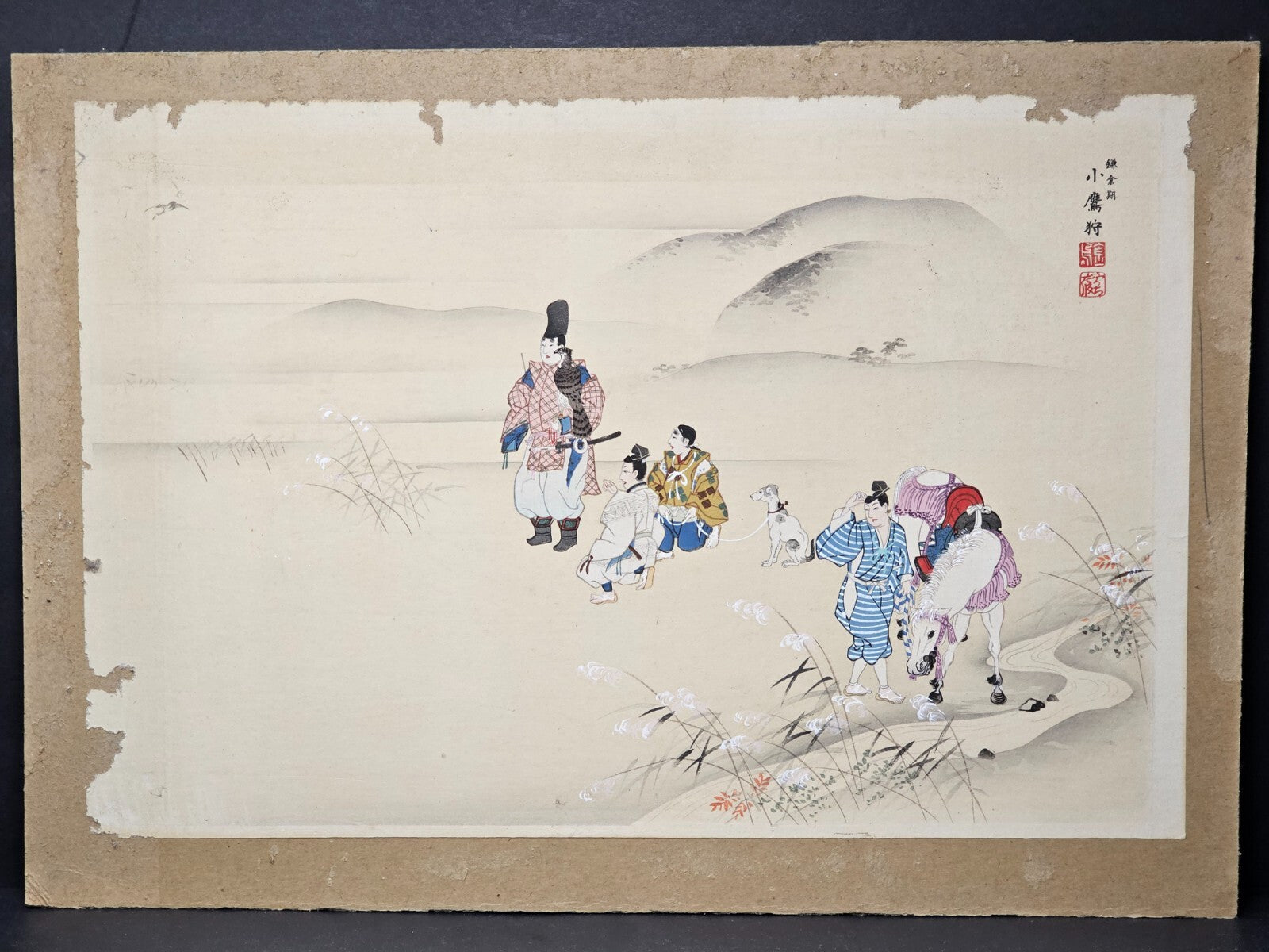 Japanese Woodblock Ukiyo-e "Small Falcon Hunting, Kamakura Period"