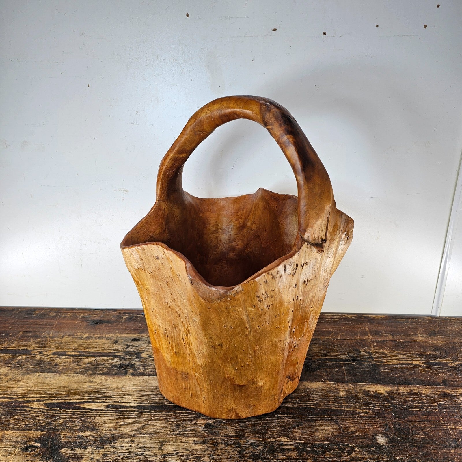 Large Wood Burl Root Hand Carved Bowl Basket with Handle 13.5" x 13.5" x 19.5"H