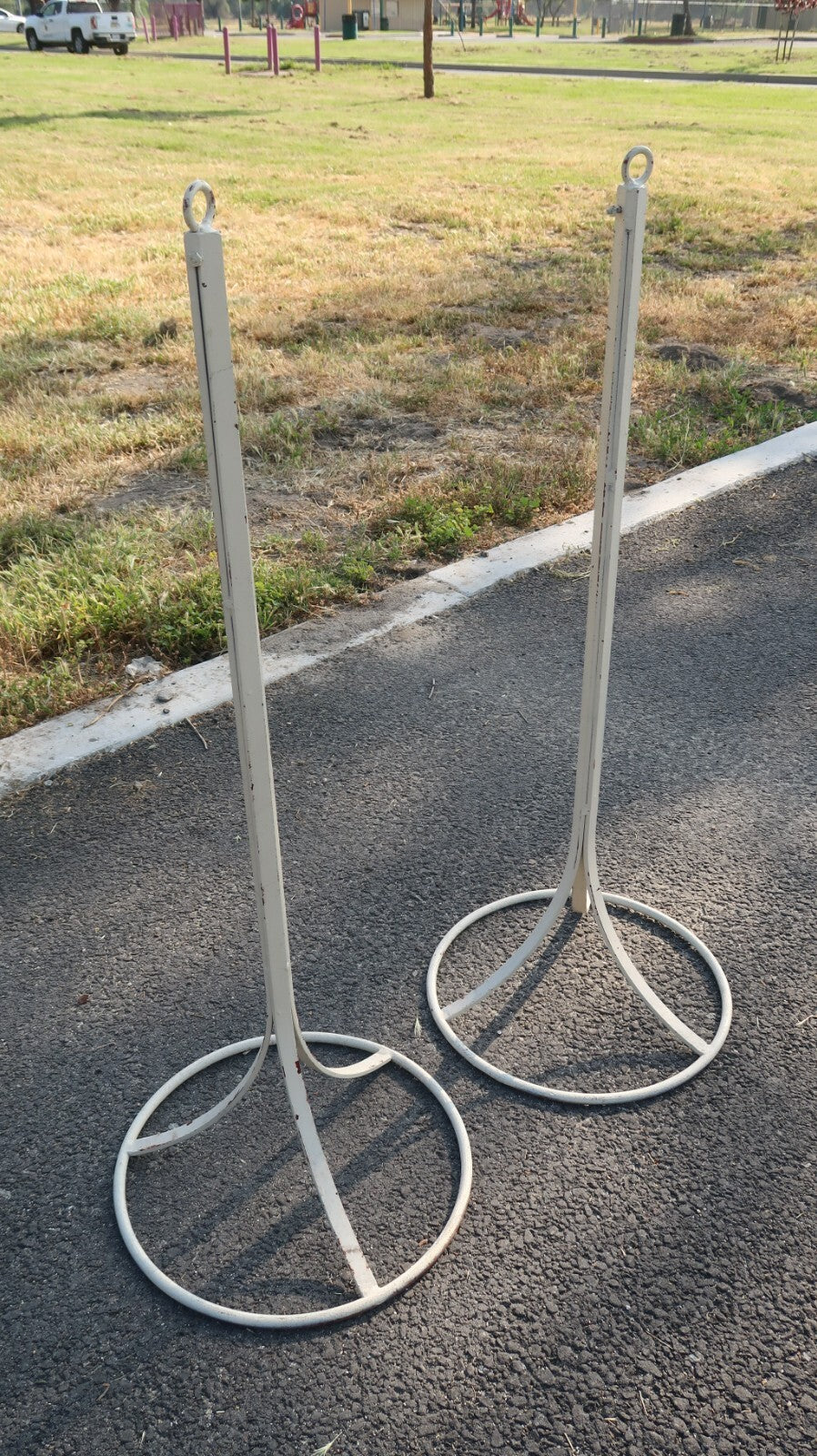 2 Vintage Free Standing Steel Stanchions 40.5" Cream Aisle Divider (B)