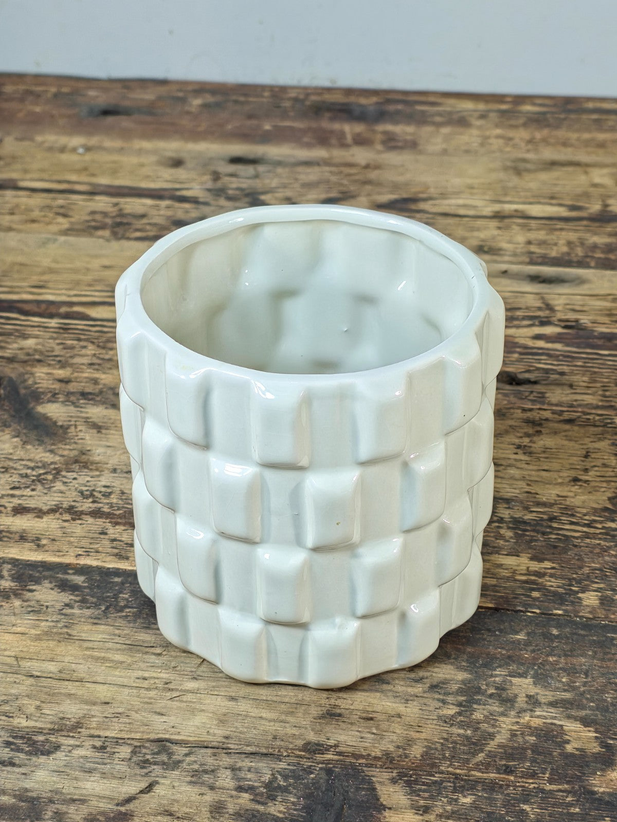 White Geometric Ceramic Planter 5.5" — Modern Cube Relief Design Pot