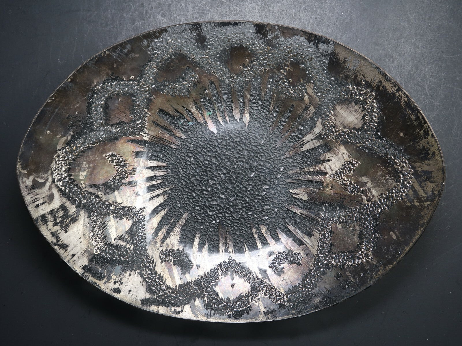 Vintage Textured Glass Oval Plate With Hand Painted Accents 13" x 10"