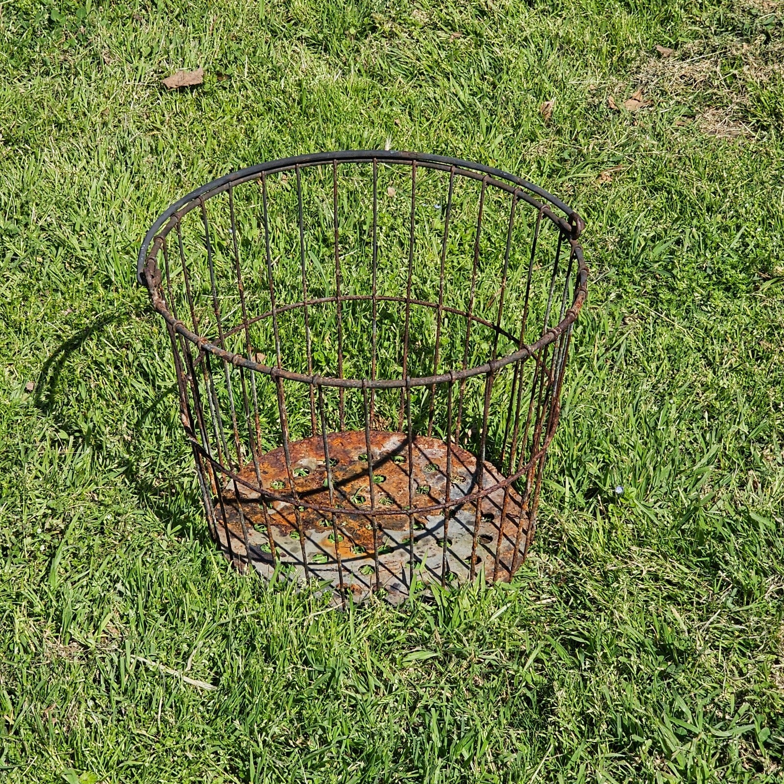 Vintage Rusty Wire Gathering Basket with Perforated Metal Base 15"Diam x 12"H